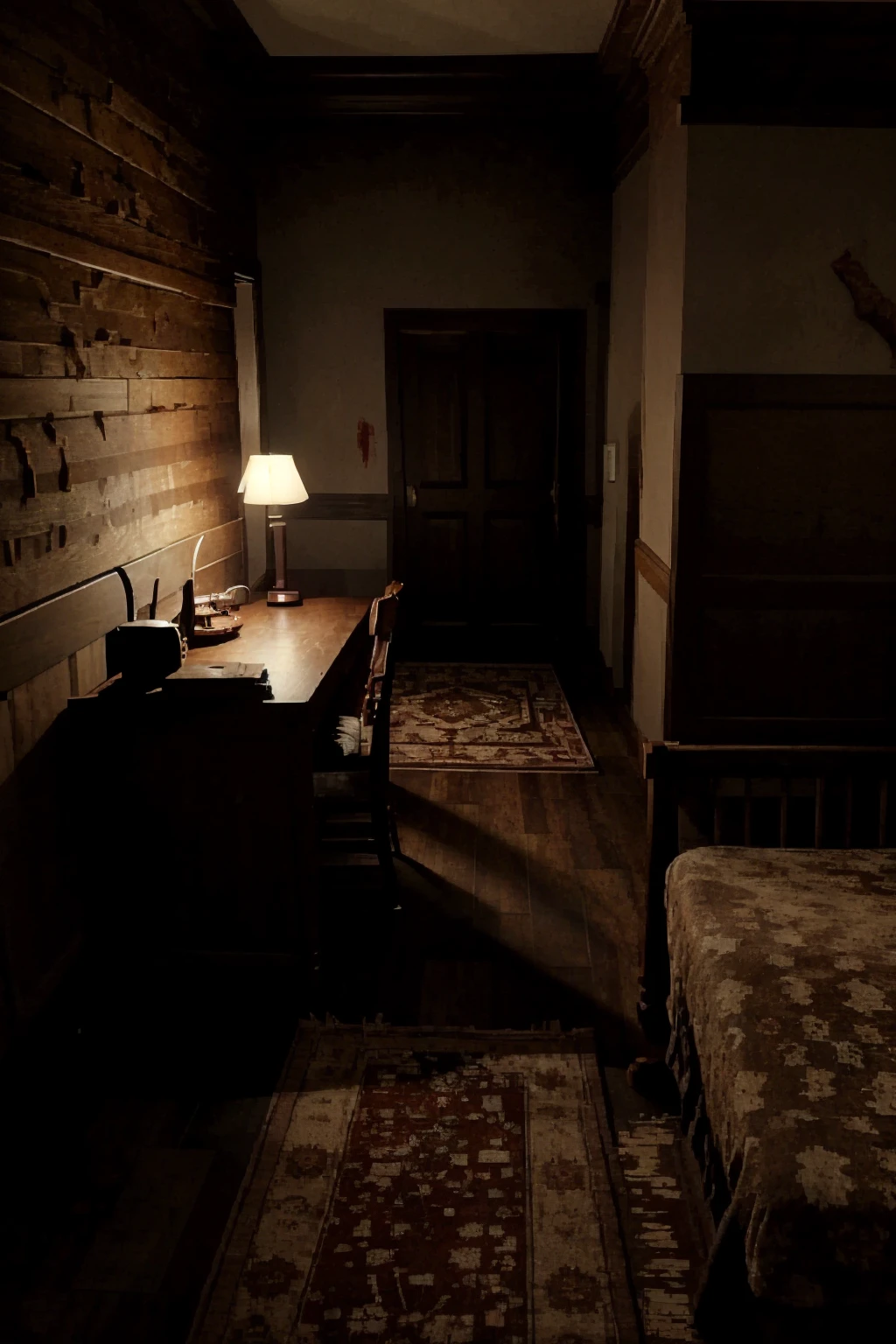photo of a bedroom, hotel room, rustic, wood floor, wood walls, rug, hallway, (bed:1.2), antique wood desk and chair, blood, scenery, dark, (horror theme), film grain, ray tracing, best quality, masterpiece, UHD, 8k <lora:resevil:1>