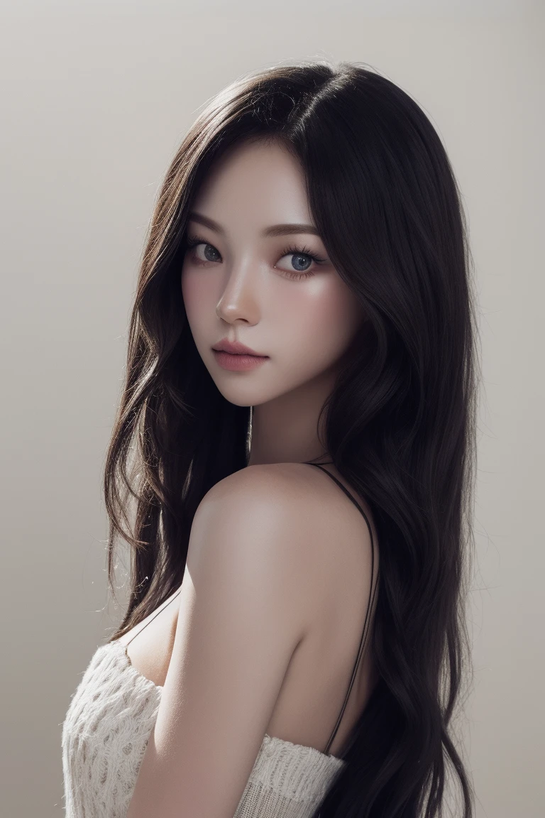 4k portrait, intricate, elegant, highly detailed, majestic, digital photography, art, (best quality, high quality, highres, masterpiece, side lighting), (looking at viewer:1.8),
1girl, solo, black hair, long hair, brown eyes, (parted lips),
soft and supple, smooth and flawless, pure and radiant, finest, natural skin with a delicate translucence,
simple background,
