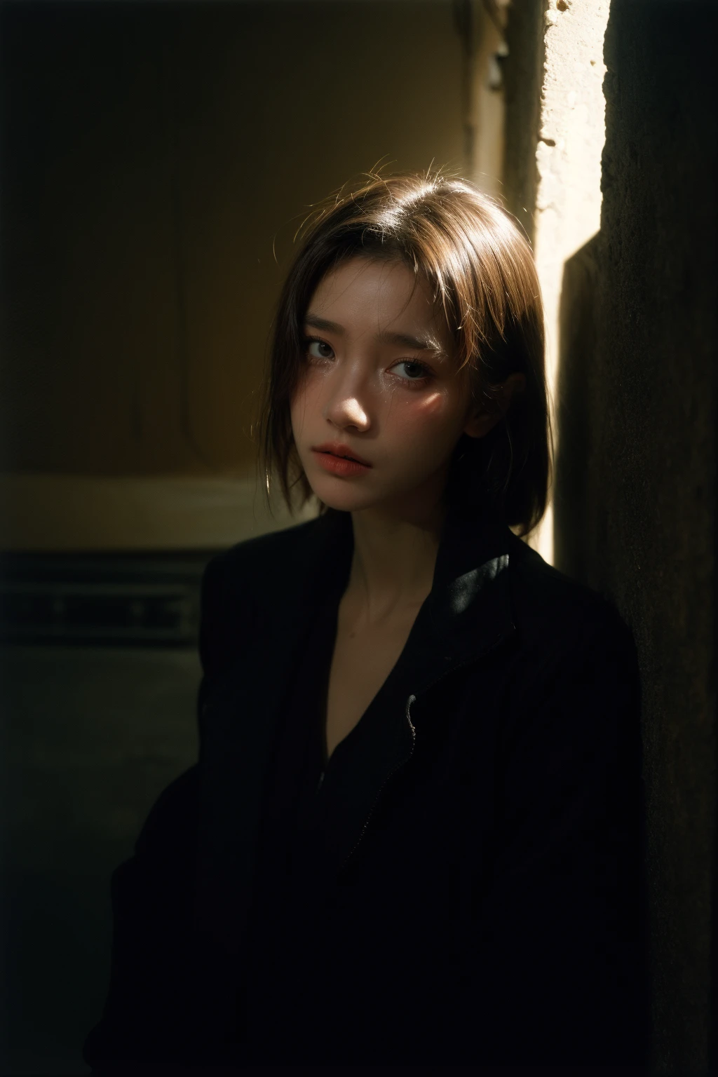 portrait of 1girl by Bill Henson,depressed,tears,streaming tears,ruins,shadows,dramatic lighting,sunset,
contemporary,dark,expressionism,dystopia,industrial,<lora:add_detail:1>,<lora:MengX girl_Mix_V40:0.8>,
