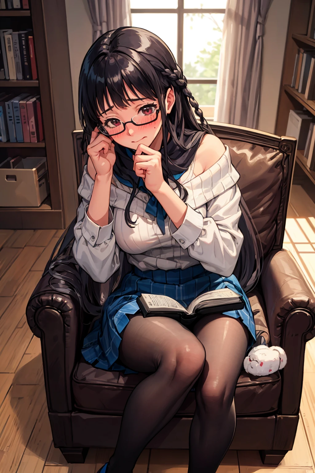 masterpiece, best quality, solo, 1girl, pov, indoors, sitting on a wooden chair, reading a book, library, <lora:Sakajo_Hikaru_v6-000055:0.5>, glasses, black hair, (single long braid:1.3), red eyes, medium breasts, thicc thighs, (very long hair:1.5), (black pantyhose:1.2), woolen sweater, off-shoulder, bra straps, scarf, black skirt, high heels, raincoat on top of chair, handbag, (shy, embarrassed:1.5)