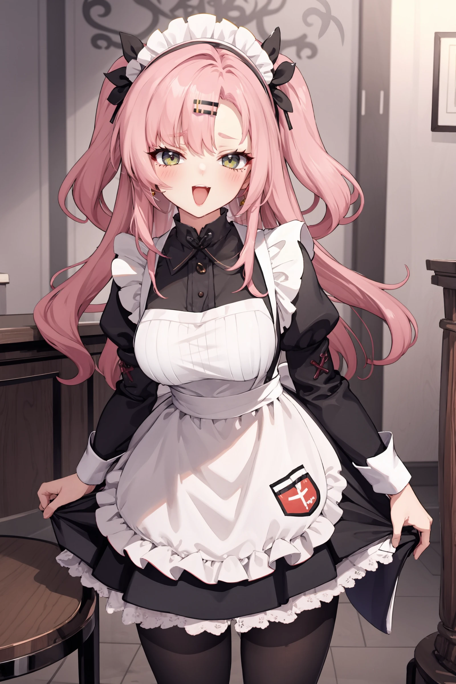 1girl, nicole demara, hair ribbon, hairclip, solo, maid, maid headdress, maid apron, smile, embarrassed, pantyhose, open mouth, smug, cowboy shot, bar \(place\), indoors, depth of field, smug, open mouth, looking at viewer, <lora:face-Smug:0.9>, masterpiece