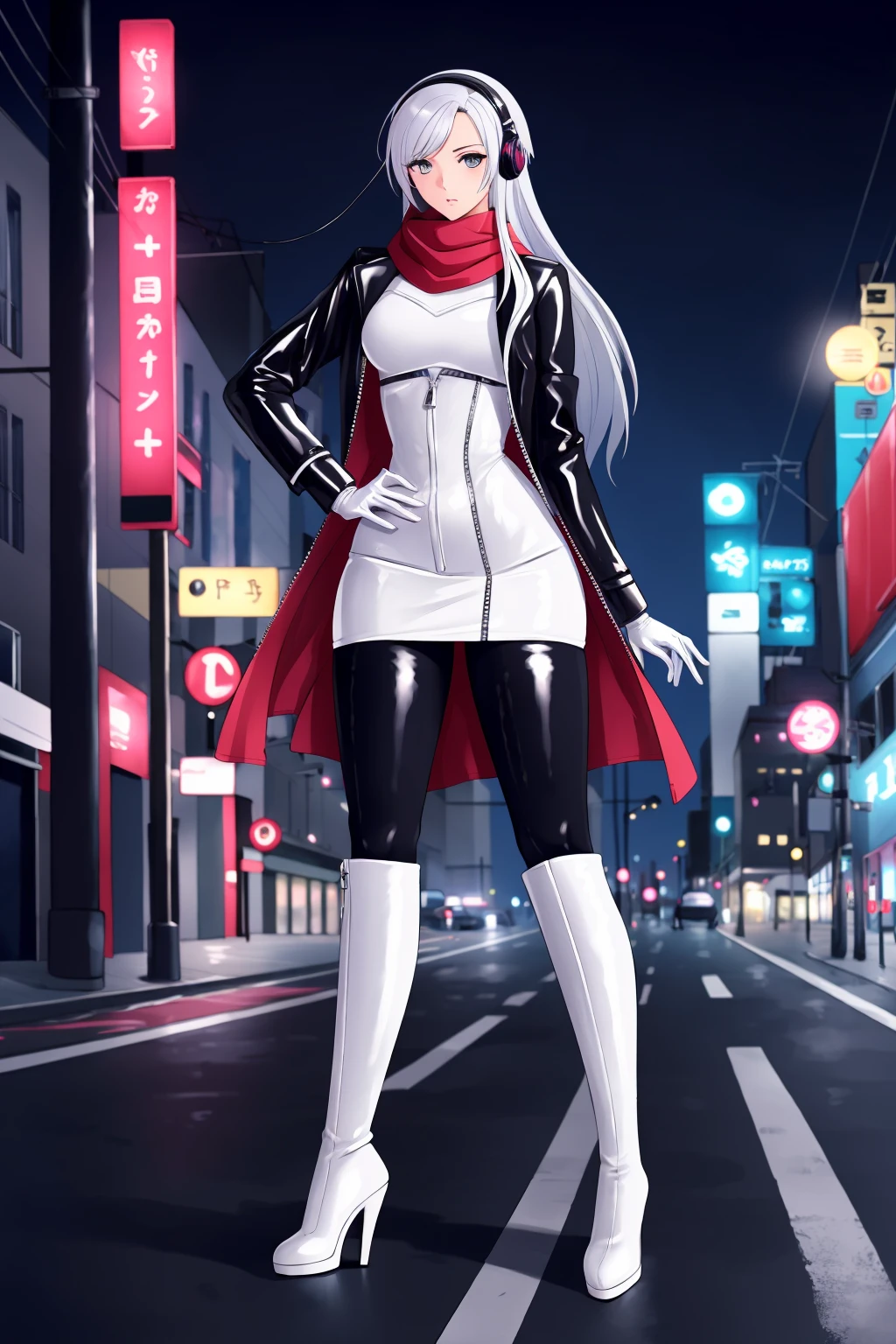 1girl, solo, masterpiece, best quality, ultra detailed, high quality, illustration, perfect anatomy, thigh boots, high heel boots, boots, high heels, shiny sissy luxury latex dress for doll, ((latex, white latex bodysuit)), (latex gloves, black latex legwear, latex boots), full body, looking at viewer, long sleeves, tall female, tally, grey eyes, long hair, silver hair, straight hair, breasts, beautiful lighting, cityscape, cyberpunk, (night, night sky), grey sky, soft lighting, standing, winter, street, zipper, full-length zipper, headphones, red scarf, jacket on shoulders, jacket, (tesomu:1.2), <lora:tesomu-lycoris:0.8>