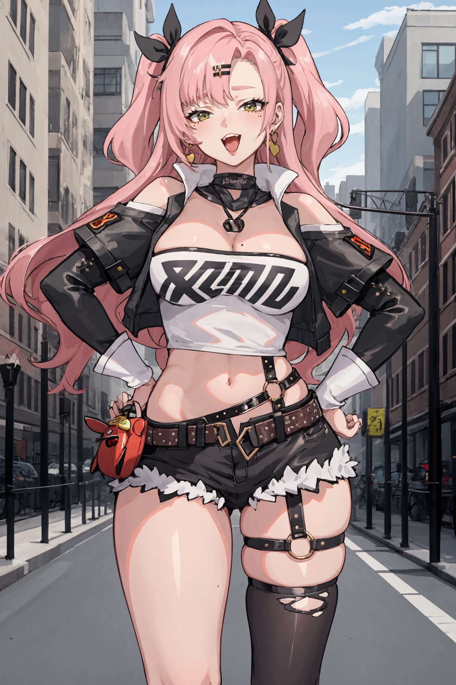 1girl, nicole demara, tube top, single thighhigh, short shorts, cropped jacket, hair ribbon, hairclip, earrings, belt, detached sleeves, doll, black collar, cowboy shot, standing, smug, open mouth, looking at viewer, hand on hip, outdoors, street,  <lora:face-Smug:0.9>, masterpiece