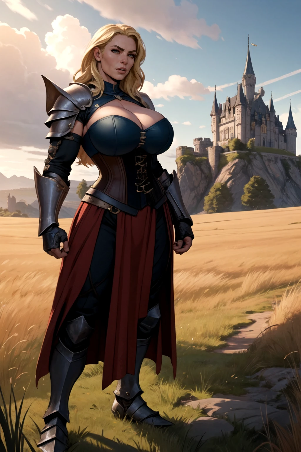 medieval fantasy, mature knight commander woman, armored woman, huge breasts, corset, muscular woman, standing in grass field, long blonde hair, pauldrons, gauntlets, castle in background, strong lighting, flat colors, comic style,