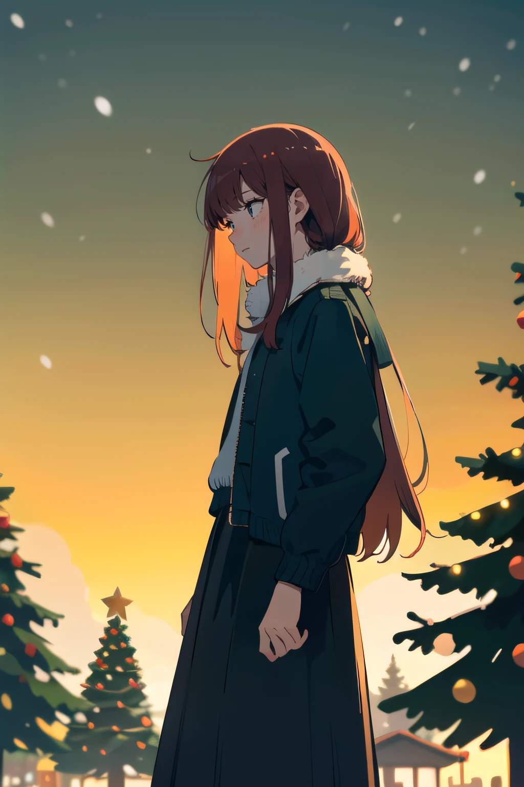 cowboy shot, from below, looking down, (1female), earnest face, crimson hair, very long hair, messy hair, (fur trimmed jacket, long skirt), (Christmas tree, christmas), snow, (public square:1.2), (best quality, masterpiece, scenery:1.1), <lora:spotlight:0.5>, silhouette, orange spotlight, dark theme,