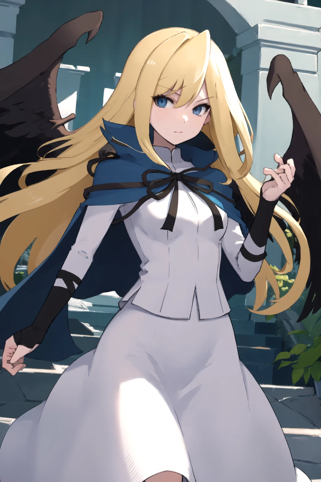 <lora:RtPL-Malice-06:0.8> malice_(riviera), black_wings, blonde_hair, long_hair, blue_cape, white_dress, angel_wings,, beautiful, (masterpiece:1.2), (best quality:1.2), perfect eyes, perfect face,<lora:perfectfingers:1.0>