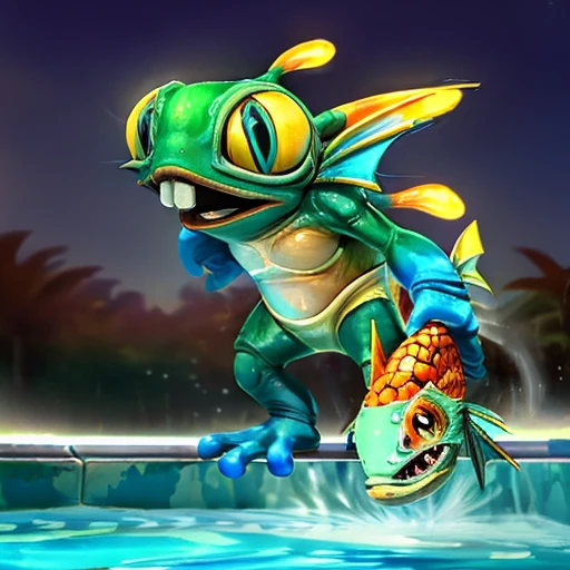 ((murky swimming in a pool)) <lora:MurkyLora:0.8> solo, teeth, pokemon (creature), fangs, turtle, holding, fish, murky (creature), Highly detailed, masterpiece, best quality, photorealistic,