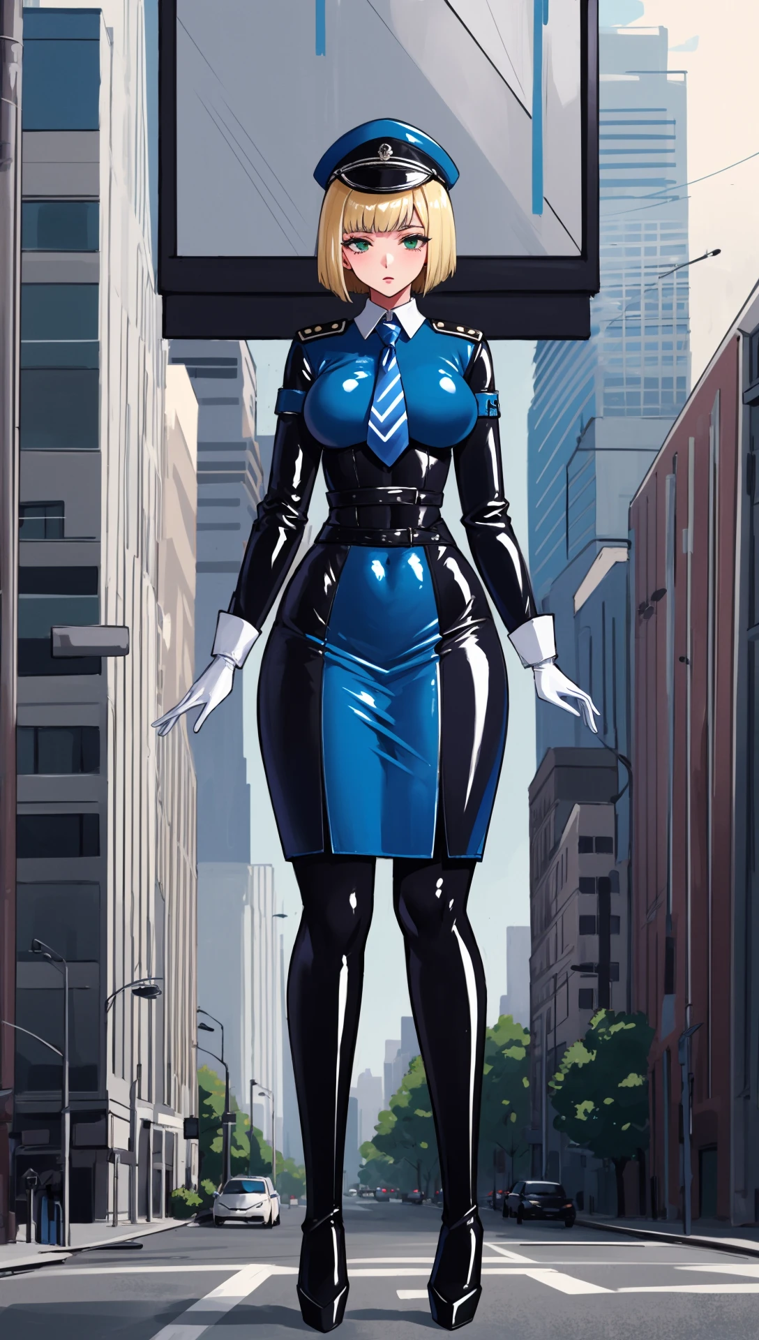 illustration, 1girl wearing (latex bodysuit:1.1), mature female, 20-year-old, cowboy shot,
blonde hair, short hair, green eyes, medium breasts, bob cut,
latex, blue latex dress, (long skirt:1.2), garrison cap, uniform, puffy long sleeves, blue long sleeves, necktie,
white latex gloves, latex boots,
looking at viewer, outdoors, sunlight, in front of a building, skyscraper,
shiny sissy luxury latex dress for doll,
masterpiece, best quality, ultra detailed, high quality, perfect anatomy, solo, contemporary, full body, (tesomu:1.2) <lora:tesomu-10-epoch:0.8>