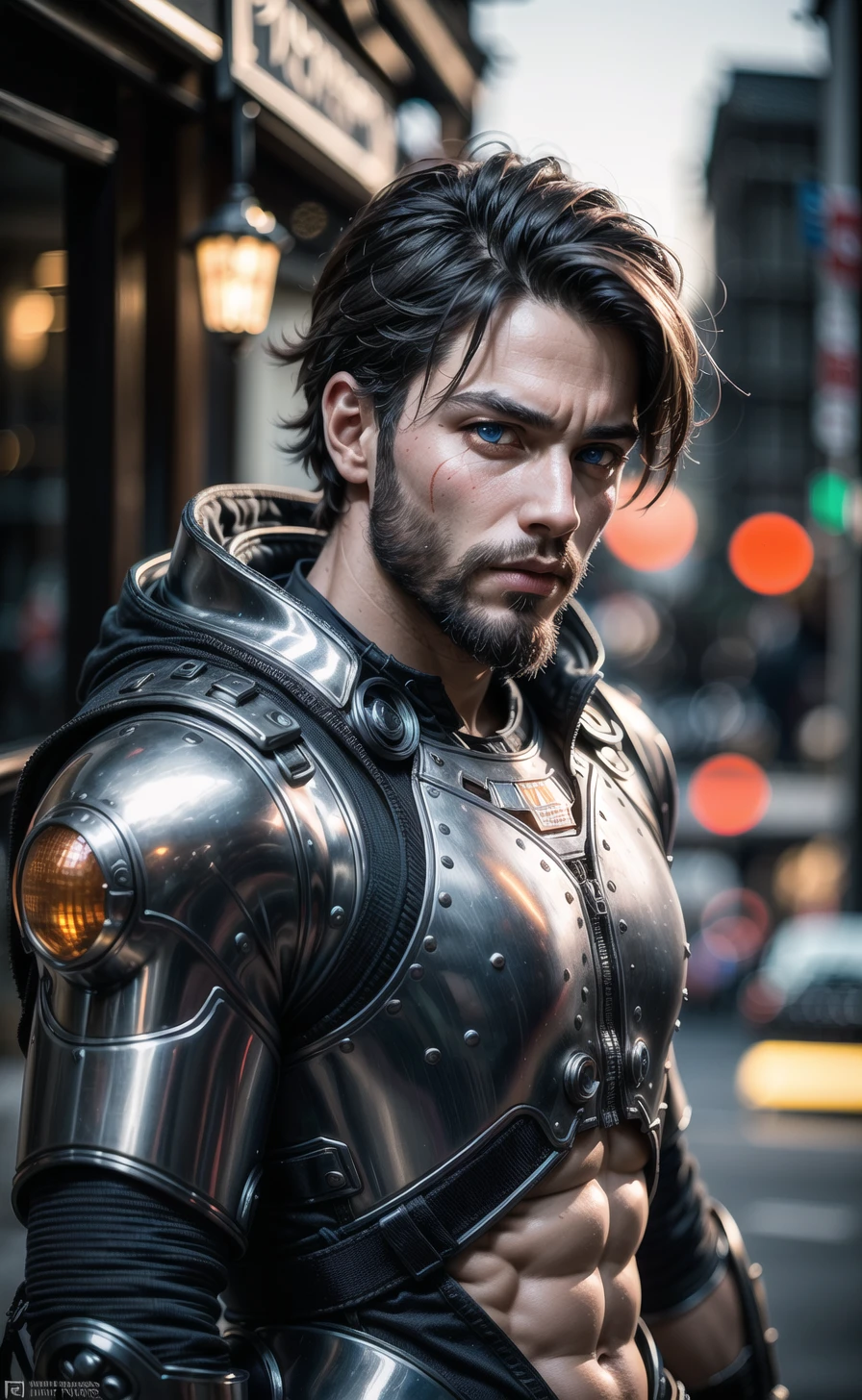 Portrait photo of muscular bearded guy in a worn mech suit, ((light bokeh)), intricate, (steel metal [rust]), elegant, sharp focus, photo by greg rutkowski, soft lighting, vibrant colors, (masterpiece), ((streets)), (detailed face:1.2), (glowing blue eyes:1.1) <lora:FilmVelvia3:0.4>  <lora:more_details:0.5>