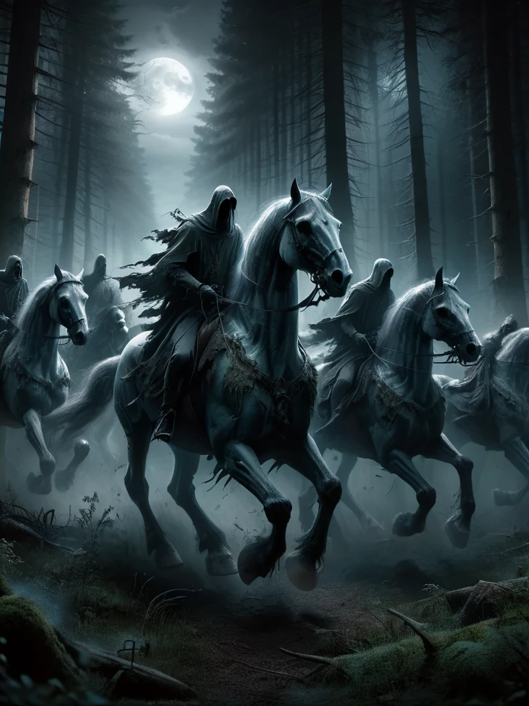 ral-mythcr, wild hunt, mythical creature, a photorealistic image of the Wild Hunt, a dramatic and mystical scene set in a dark, foreboding forest, the scene features ghostly figures on horses <lora:ral-mythcr-sdxl:1>
