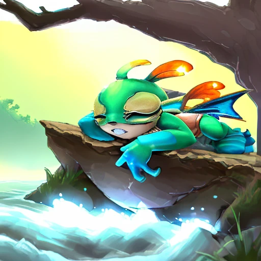 (((murky sleeping at a river:1.2 )))<lora:MurkyLora:0.7> solo, teeth, pokemon (creature), fangs, turtle, holding, fish, murky (creature), Highly detailed, masterpiece, best quality,
