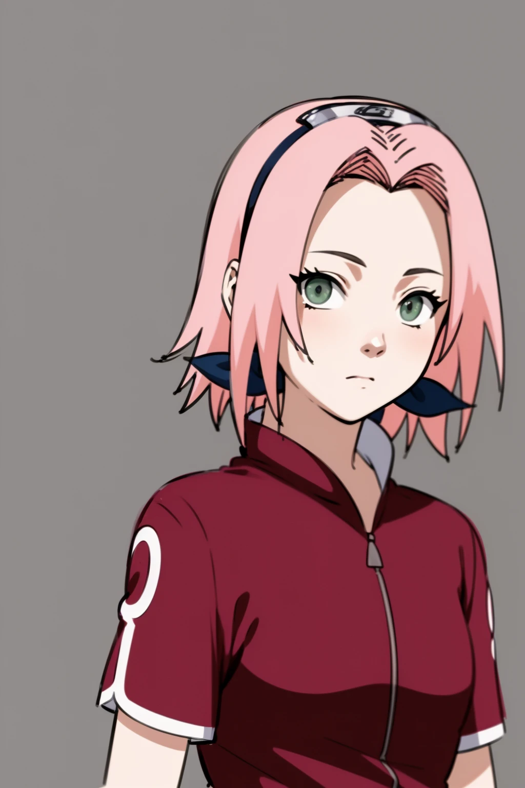 masterpiece, best quality, 1girl,haruno sakura, pink hair, short hair, green eyes, upper body, looking at viewer, sketch, solo, simple background <lora:SakuraV2:1>