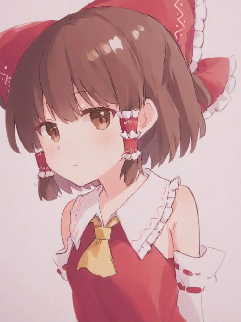 <lora:å
ä¸½çµæ¢¦:1>,1girl,solo,hakurei_reimu,hair_tubes,bangs,ascot,red_bow,dress,red_dress,brown_eyes,hair_ornament,bare_shoulders,brown_hair,short_hair,hair_bow,collar,
