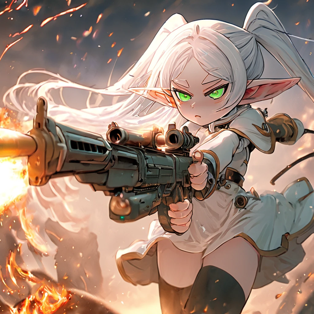 anime style, cinematic, (detailed), (highly detailed), HD, 8k, 4k, a fullbody photo of a elf girl firing machine gun, solo,<lora:frieren-000006:1> frieren, long_hair, pointy_ears, elf, bangs, earrings, jewelry, twintails, green_eyes, white_hair, white dress