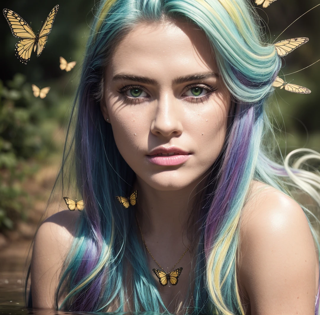 (Cinematic Photo:1.3) of,(Proud:1.3) 8k portrait of beautiful with white blue gradient hair, intricate, elegant, highly detailed, majestic, golden, surreal painting green lights butterfly filigree, broken glass, hdr . Vibrant colors, swirling patterns, abstract forms, surreal, trippy,Highly Detailed,(80s Art:1.3),(80s Art:1.3),(80s Art:1.3),naturalism,land Art,regionalism,shutterstock contest winner,trending on unsplash,featured on Flickr