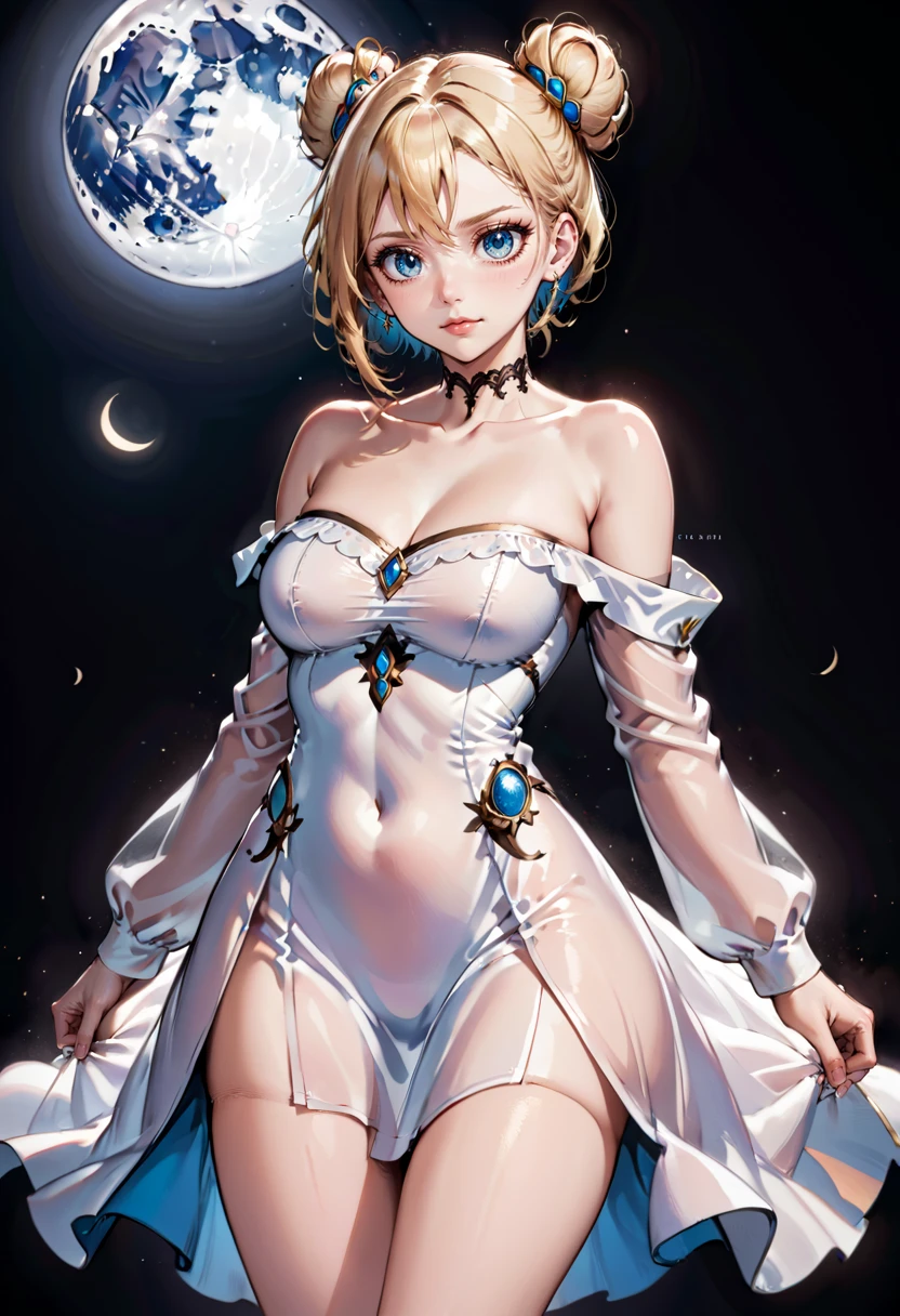 <lora:AgendaMixSDXL:0.8> AgendaMix Style, 1girl, bare shoulders, blonde hair, blue eyes, cleavage, collarbone, double bun, dress, hair bun, lips, long sleeves, looking at viewer, medium breasts, moon, off shoulder, parted lips, short hair, solo, white dress