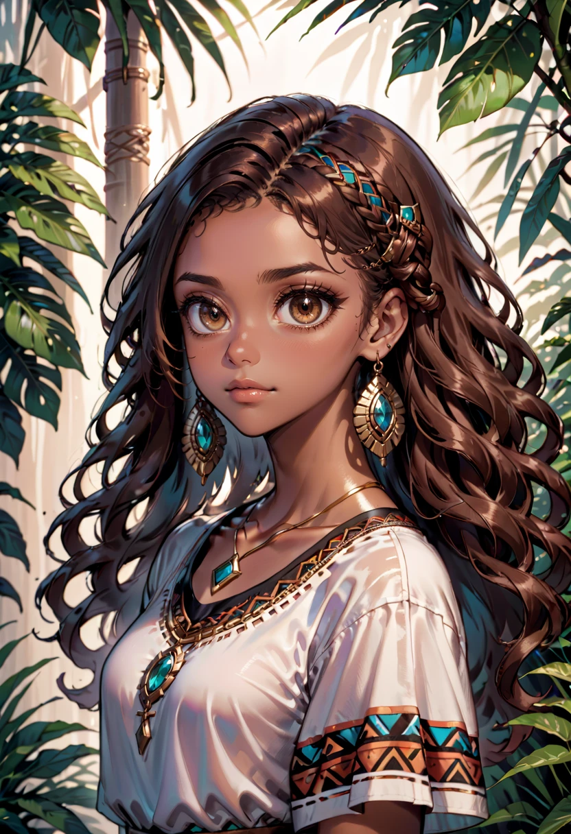 <lora:AgendaMixSDXL:0.8> AgendaMix Style, 1girl, black hair, blurry, bracelet, brown eyes, brown hair, closed mouth, curly hair, dark skin, dark-skinned female, earrings, eyelashes, hoop earrings, jewelry, lips, long hair, looking at viewer, necklace, nose, plant, short sleeves, solo, tribal, upper body, wavy hair