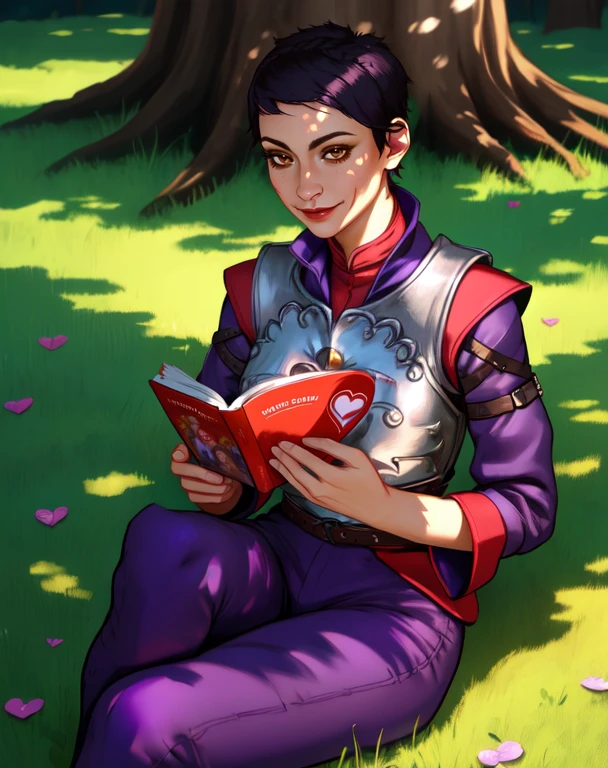 Cassandra,brown eyes,very short black hair,scar on left cheek,
breastplate,red undershirt,purple sleeves,purple pants,
smiling,reading a romantic novel with hearts on cover,outside,under a tree,shade,sitting on grass,
outside,morning,
(insanely detailed, beautiful detailed face, masterpiece, best quality),solo,<lora:Cassandra-10DAIv8:0.8>,