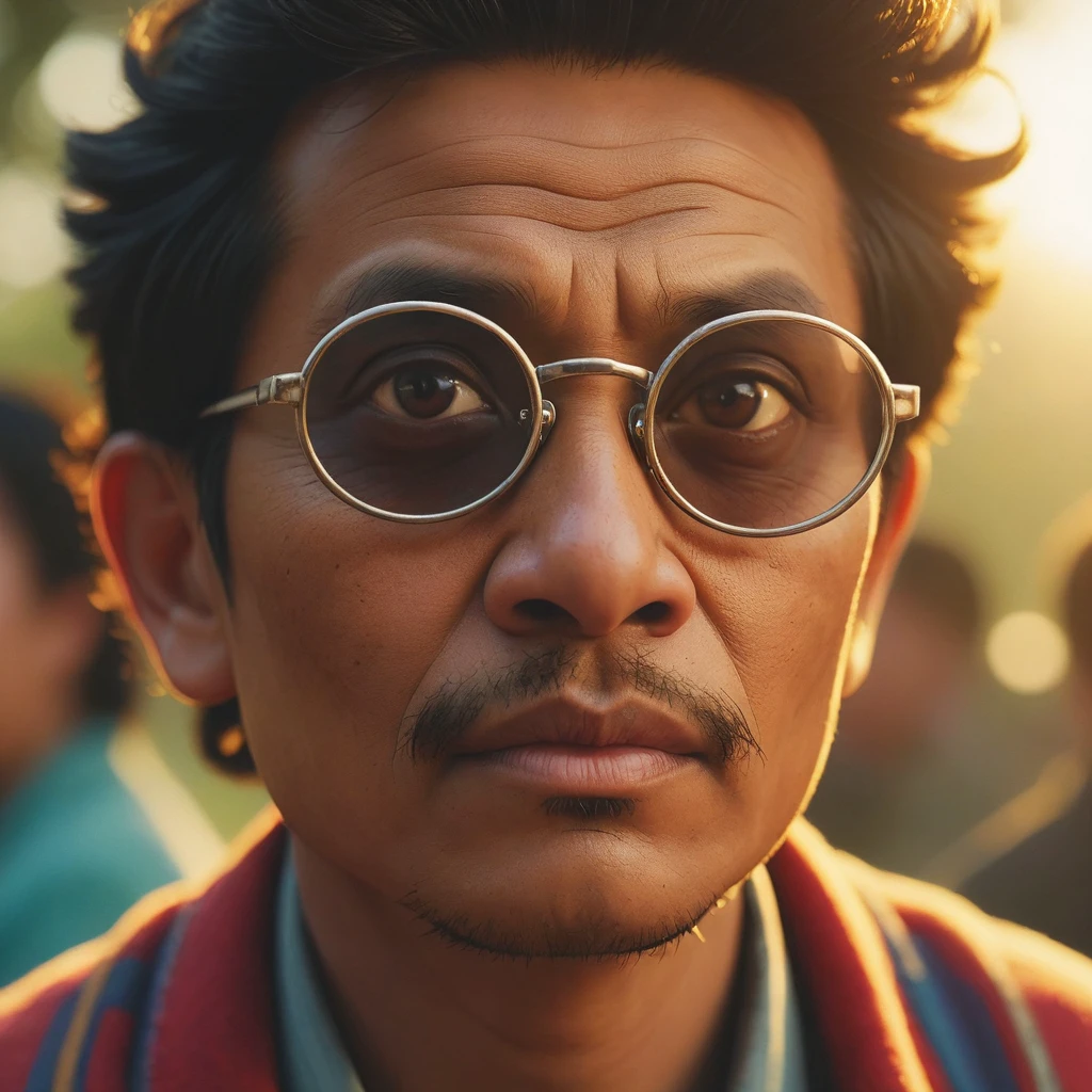 by Dave Stevens, Guillaume Sorel,close up of a Drab [Prakash:Nima:4] from the 2020's, Watching movies, Hypnotic Hmong Round Glasses, Bokeh, Sun Rays, Cinematic, Polaroid, 35mm, HDR