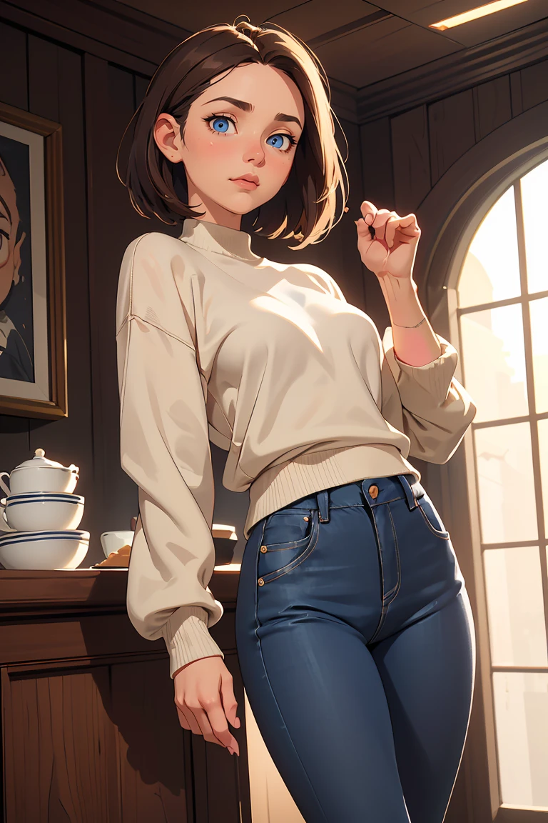 (masterpiece, best quality),female midlife, delicate, european, blue eyes, hawk-like nose, asymmetrical cheeks, straight forehead, oval face shape, delicate nails, , brown
blunt cut hair, happiness
wearing __bo/properties/color__ ombre
bootcut pants, oversized sweater,
, hands covering mouth, suggesting surprise or shock