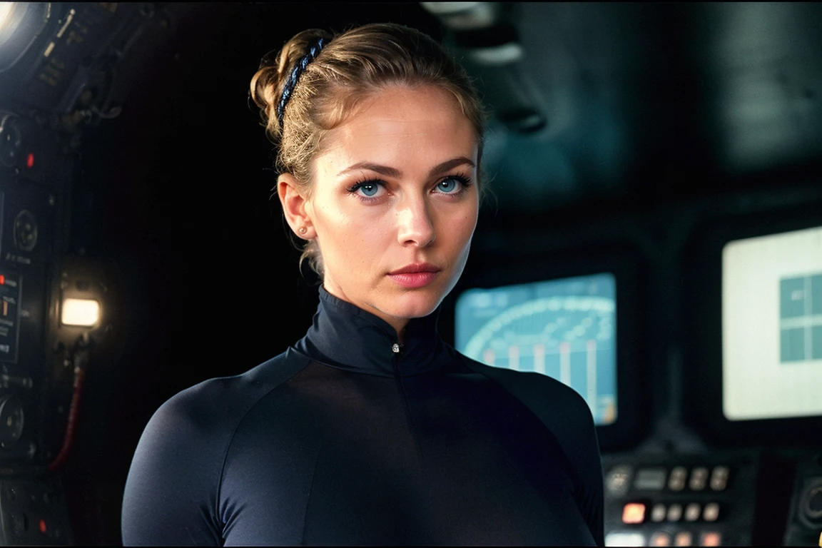 Eastman Color Negative, highest quality, eve-level shot, cinematic film still, of (stunningly [beautiful|alluring] US Navy woman sailor with her hair pulled back in a tight bun), (perfect face:1.2), piercing blue eyes, luscious lips, (wearing tight-fitting Navy uniform that shows her curves),  she is the epitome of feminine beauty, athletic body, large breasts, cleavage, BREAK
(standing in the [dark] control room of a US submarine), [blinking lights], (cinematic lighting), [ambient light], vivid details, (highly detailed skin), fine details, [[goosebumps]], [[skin macro]], photographed on a Fujifilm GFX 100, 18mm F1.8 wide-angle lens, sharp focus, shallow depth of field, (highly detailed, intricately detailed), film-like, (RAW), 8k, HDR, (film still from The Hunt for Red October), directed by Christopher Nolan,  medium closeup, (full body:0.9), looking at the viewer