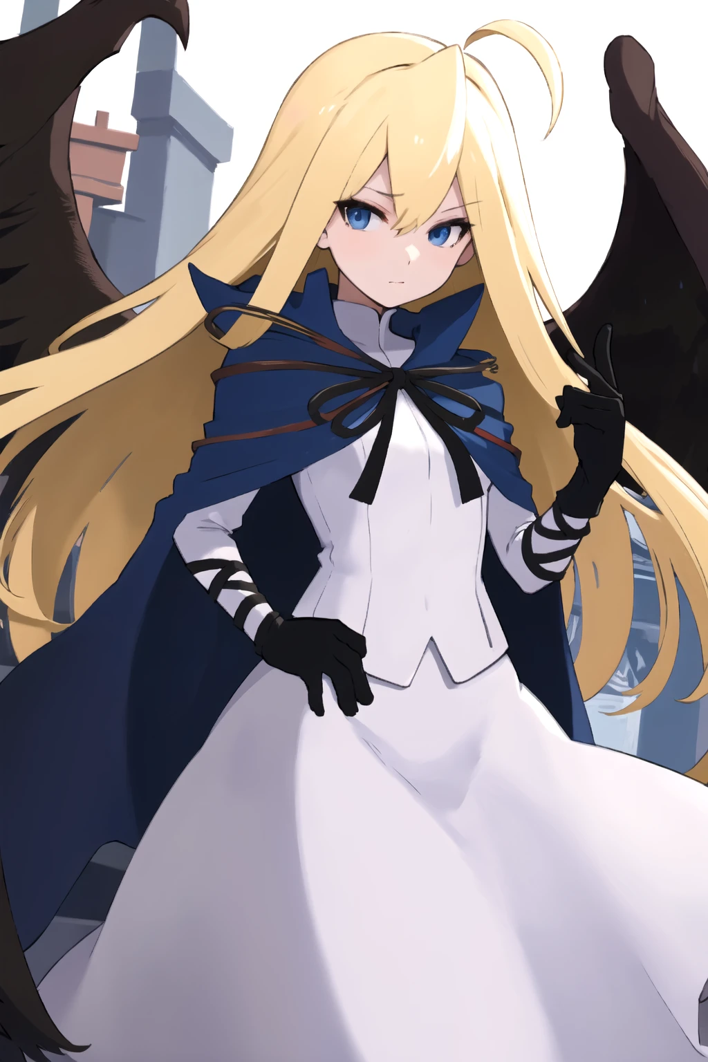 <lora:RtPL-Malice-06:0.8> malice_(riviera), black_wings, blonde_hair, long_hair, blue_cape, white_dress, angel_wings, gloves,, beautiful, (masterpiece:1.2), (best quality:1.2), perfect eyes, perfect face,<lora:perfectfingers:1.0>