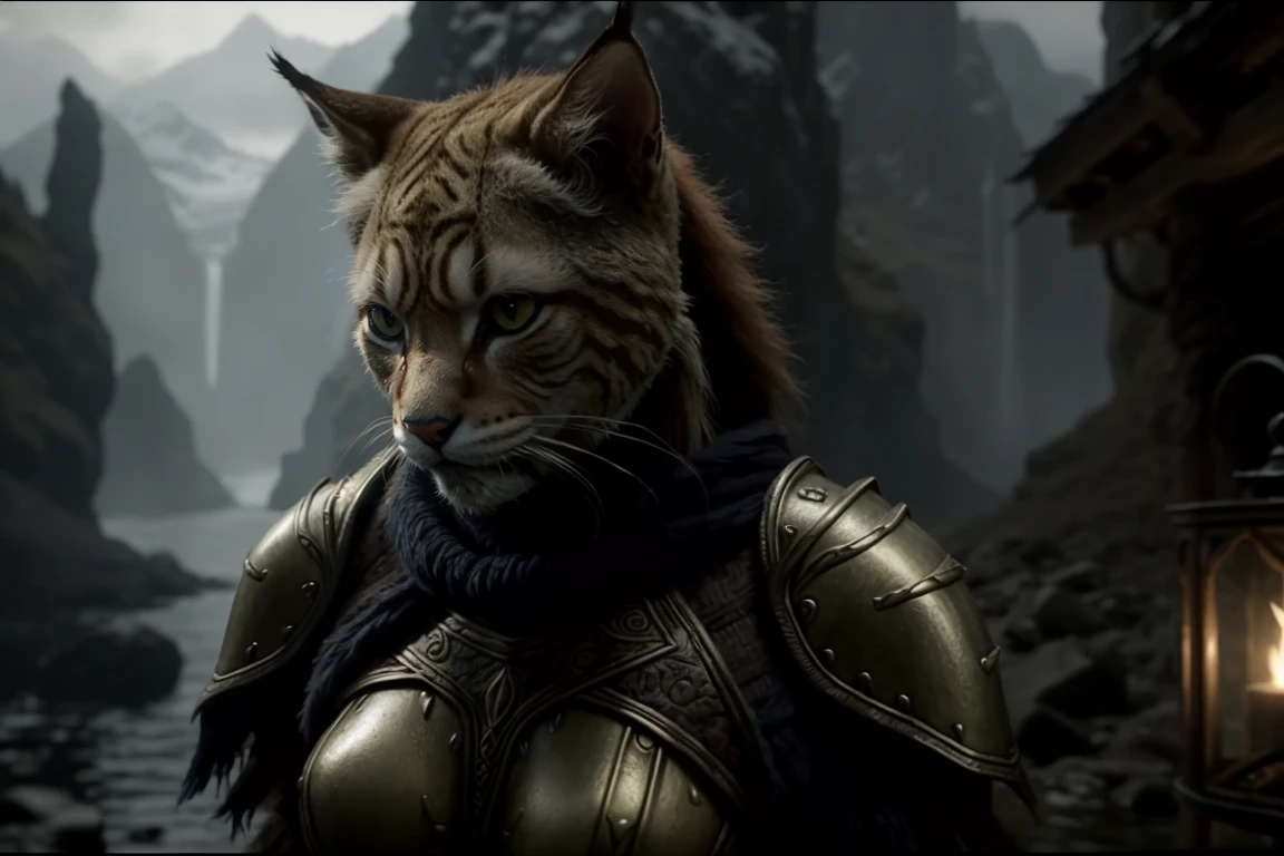 fantasy_\(setting\), photo of a [Woman|Lynx],  cinematic film still from Skyrim live adaptation, (khajiit:1.2)