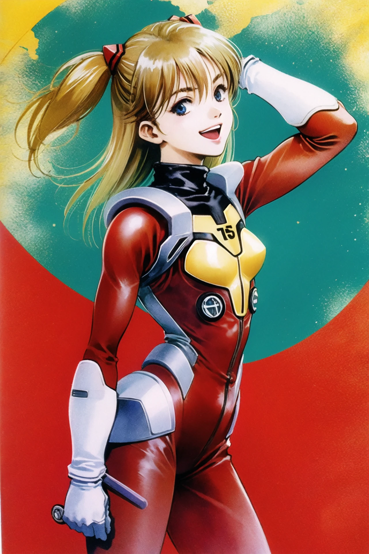 1girl, long hair, plugsuit, bodysuit, souryuu asuka langley, pilot suit, bracer, blue eyes, smile, open mouth, breasts, bangs, turtleneck, solo, cowboy shot, :d, hair between eyes, gloves, (red bodysuit:1.5), small breasts,looking at viewer, headgear, two side up, hand on hip, skinny, adjusting hair, narrow waist, standing, brown hair, science fiction,hand up, shiny clothes, hair ornament, happy, from side, shiny, skin tight, watercolor \(medium\),  <lora:ç¾æ æ¬æ´å½¦V3:1>