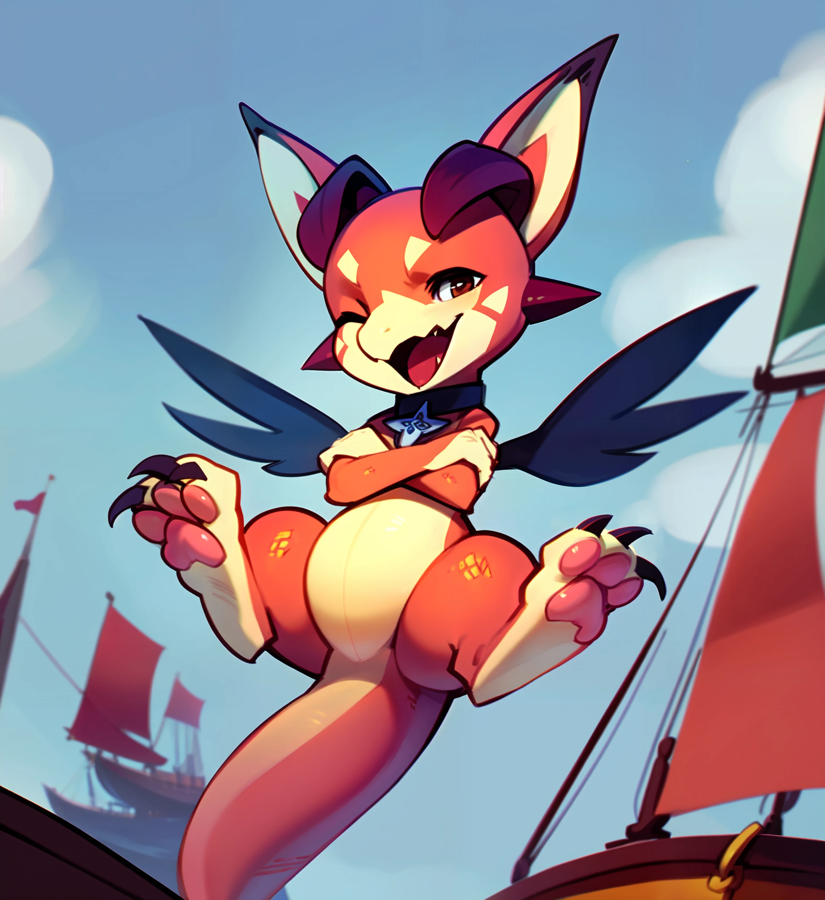 by kanel, (by korichi:1.12), (by bigjazz:1.14), kemono BREAK
(ship, watercraft, boat:1.28), airship, cloud, detailed background, amazing background, solo, front view, full-length portrait BREAK
<lora:Vyrn_v1_:1> (vyrn:1.16), semi-anthro, feral, dragon, scalie, red scales, two tone scales, tan eyebrows, black wings, black claws, toe claws, tail, tail ridge, collar, collar tag, brown eyes, (glistening eyes:1.21), flesh fang, 3 toes, pink pawpads BREAK
floating, legs up, crossed arms, head tilt, one eye closed, wink, open mouth, open smile, fangs, happy