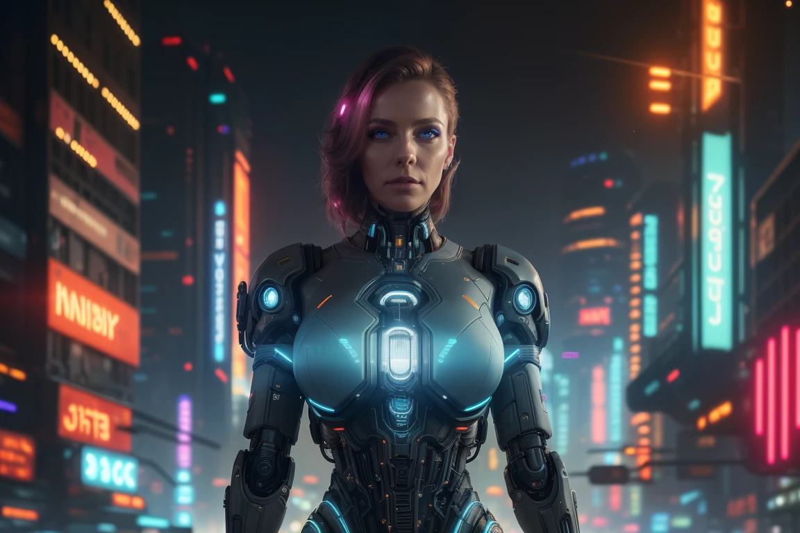 SciStyle, by Jessica Rossier, close up portrait photo of a (Futuristic [Cyborg|Woman] prostitue), mechanical joints, blue eyes, [glowing], standing along the road, in a dystopian cyberpunk city, wearing a high waist thong and crop top, BREAK
at night, vivid colors, (intricately detailed), complex, cinematic lighting, reflections, [ambient light], HDR, 8k, cyberpunk artwork, absurdres, particle effects, highest quality, 80s sci-fi film still