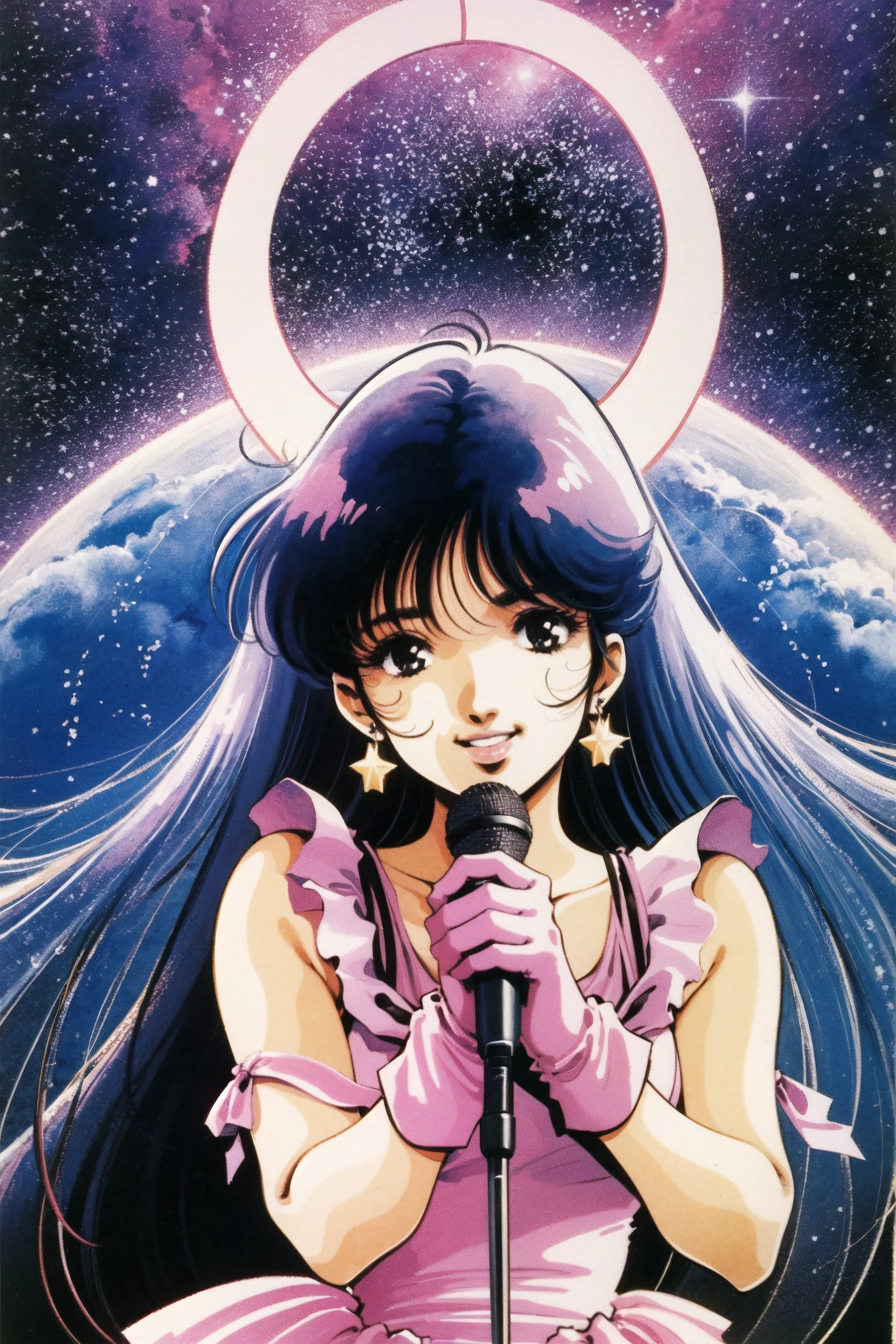 1girl, solo, long hair, black hair, microphone, gloves, jewelry, earrings, retro artstyle, 1980s (style), holding, space, black eyes, looking at viewer, holding microphone, smile,  upper body, star (symbol), pink gloves, star (sky), very long hair, watercolor \(medium\),  <lora:ç¾æ æ¬æ´å½¦V3:1>