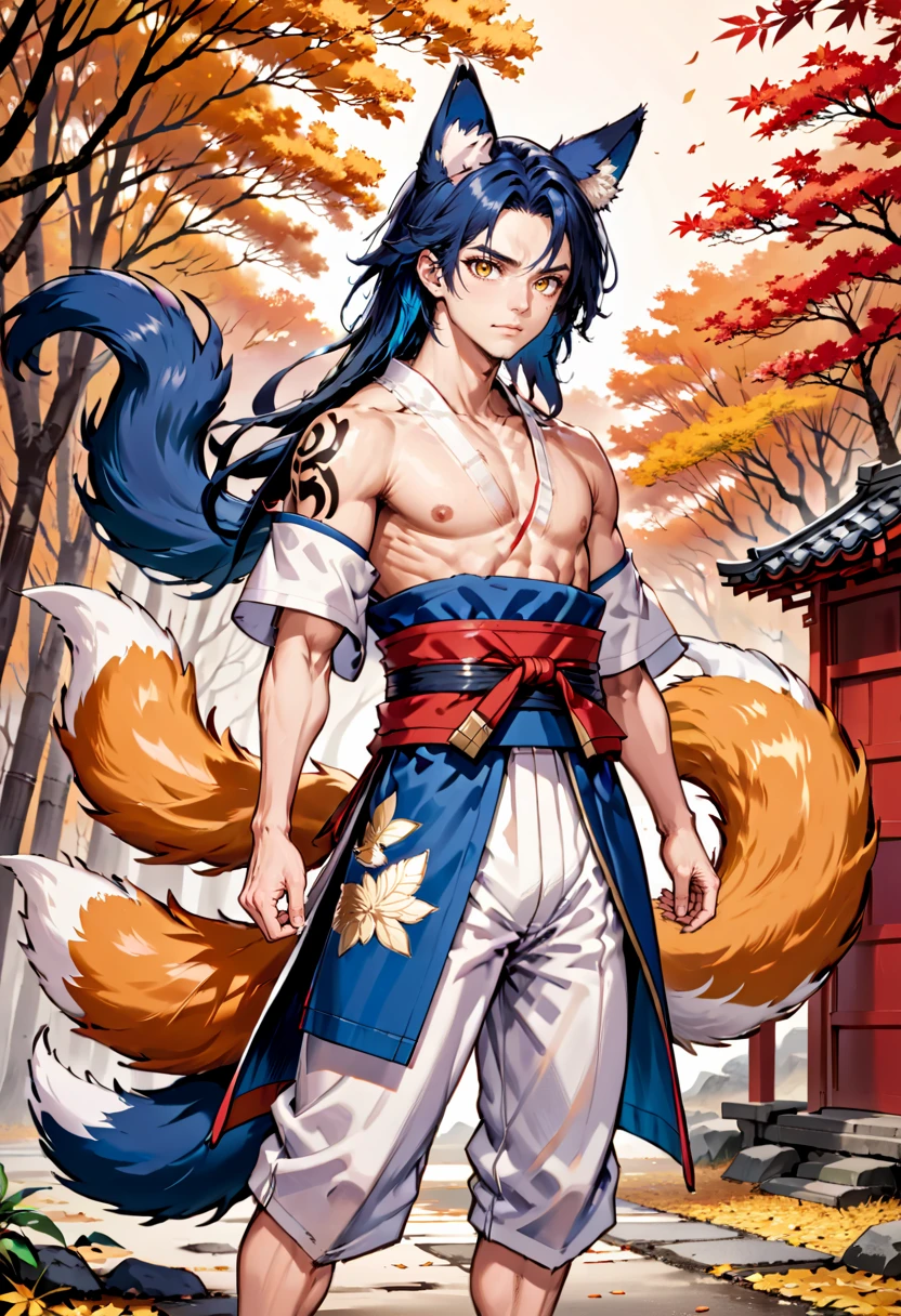 <lora:AgendaMixSDXL:0.8> AgendaMix Style, 1boy, abs, animal ear fluff, animal ears, autumn, autumn leaves, blue hair, closed mouth, collarbone, detached sleeves, facial mark, forehead mark, fox boy, fox ears, fox tail, kimono, (wearing a kimono, ancient japan), japanese clothes, leaf, long hair, male focus, muscular, muscular male, nature, nipples, outdoors, pectorals, solo, tail, tree, yellow eyes