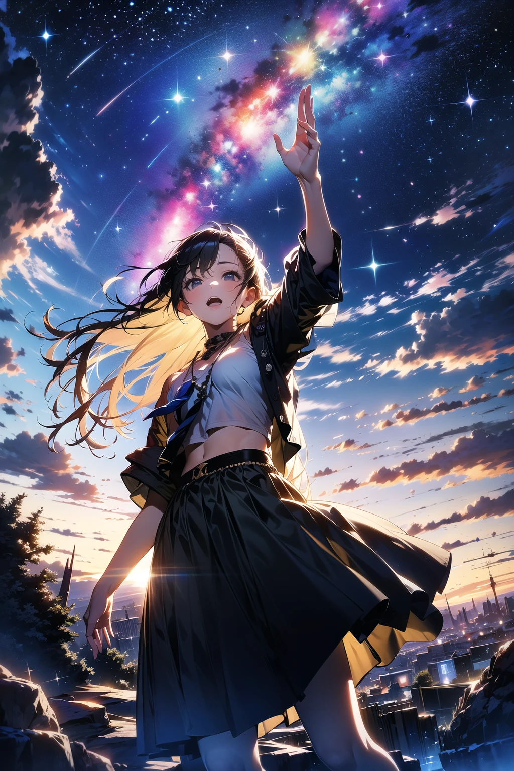 (masterpiece), (HDR), absurdres, (best quality), (ultra high quality), (hi-res), (1girl), slim, (lavender eyes), beautiful detailed eyes, teen, (dark purple hair), bangs, short side locks, (((big thick twintails))), (long straight hair), (((two gold hair ties))), button up shirt, detached collar, short sleeves, (medium breast), ((thin waist)), mini skirt, ((zettai ryouiki)), (happy expression), smile, night time, outdoors, stargazing, starlight, universe, galaxy, stars above, stars, milky way, stars reflected in eyes, mouth open, in a field, grass,