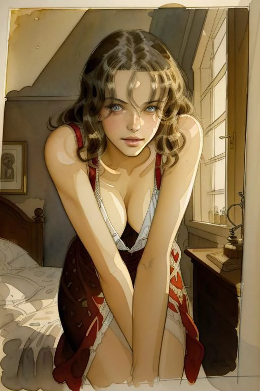 Indoors, shadows, bedroom, dress, illustration by Jean-Pierre Gibrat, downblouse, watercolor, eye contact