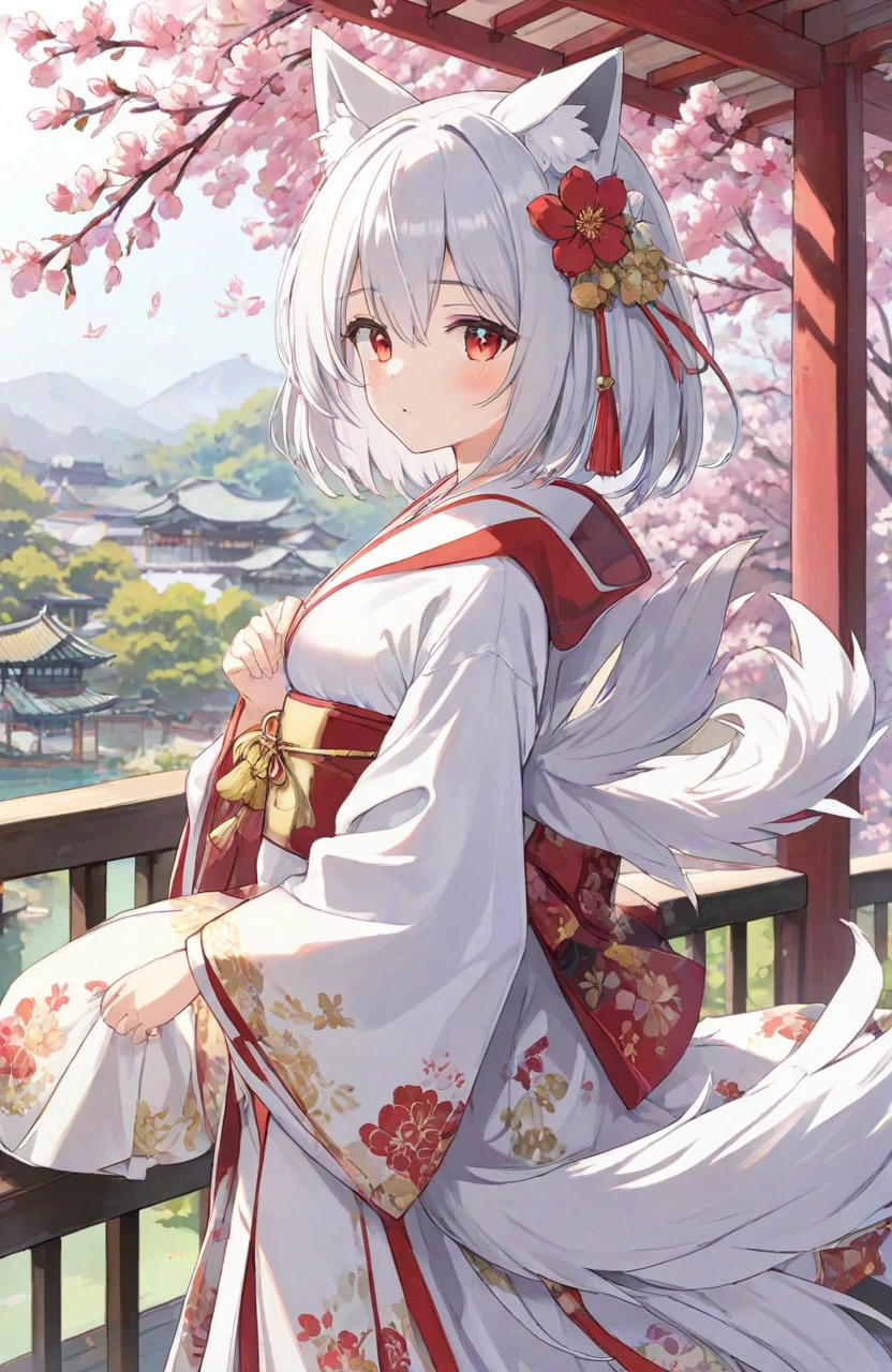 (masterpiece),(highest quality),highres,(an extremely delicate and beautiful),(extremely detailed),1girl,tail,animal ears,bird,red eyes,fox ears,uchikake,japanese clothes,veil,tail,flower,solo,fox tail,looking at viewer,kimono,white hair,fox girl,standing,long sleeves,wide sleeves,indoors,bangs,eyebrows visible through hair,tatami,full body,closed mouth,white kimono,bride,wedding dress,red flower,bridal veil,yellow flower,holding,tree,floral print,hair ornament,hood,see-through,from side,sidelocks,animal ear fluff,animal,tassel,short hair,long hair,dress,crane \(animal\),white flower,silver hair,ribbon,peony \(flower\),hair between eyes,railing,branch,cherry blossoms,depth of field,blurry foreground,blurry background,