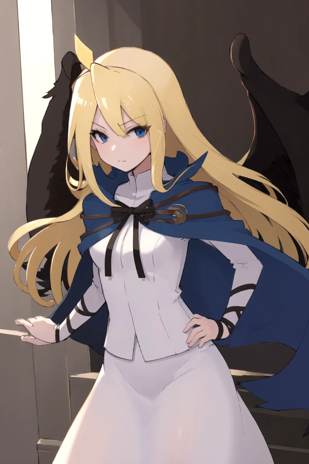 <lora:RtPL-Malice-06:0.8> malice_(riviera), black_wings, blonde_hair, long_hair, blue_cape, white_dress, angel_wings,, beautiful, (masterpiece:1.2), (best quality:1.2), perfect eyes, perfect face,<lora:perfectfingers:1.0>