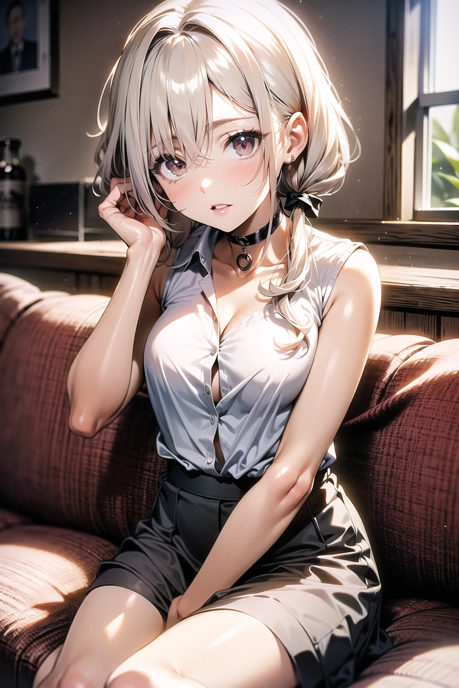 best quality, ultra high res, 1girl, sleeveless white button shirt, black skirt, black choker, cute,(platinum blonde hair:1), ((puffy eyes)), looking at viewer