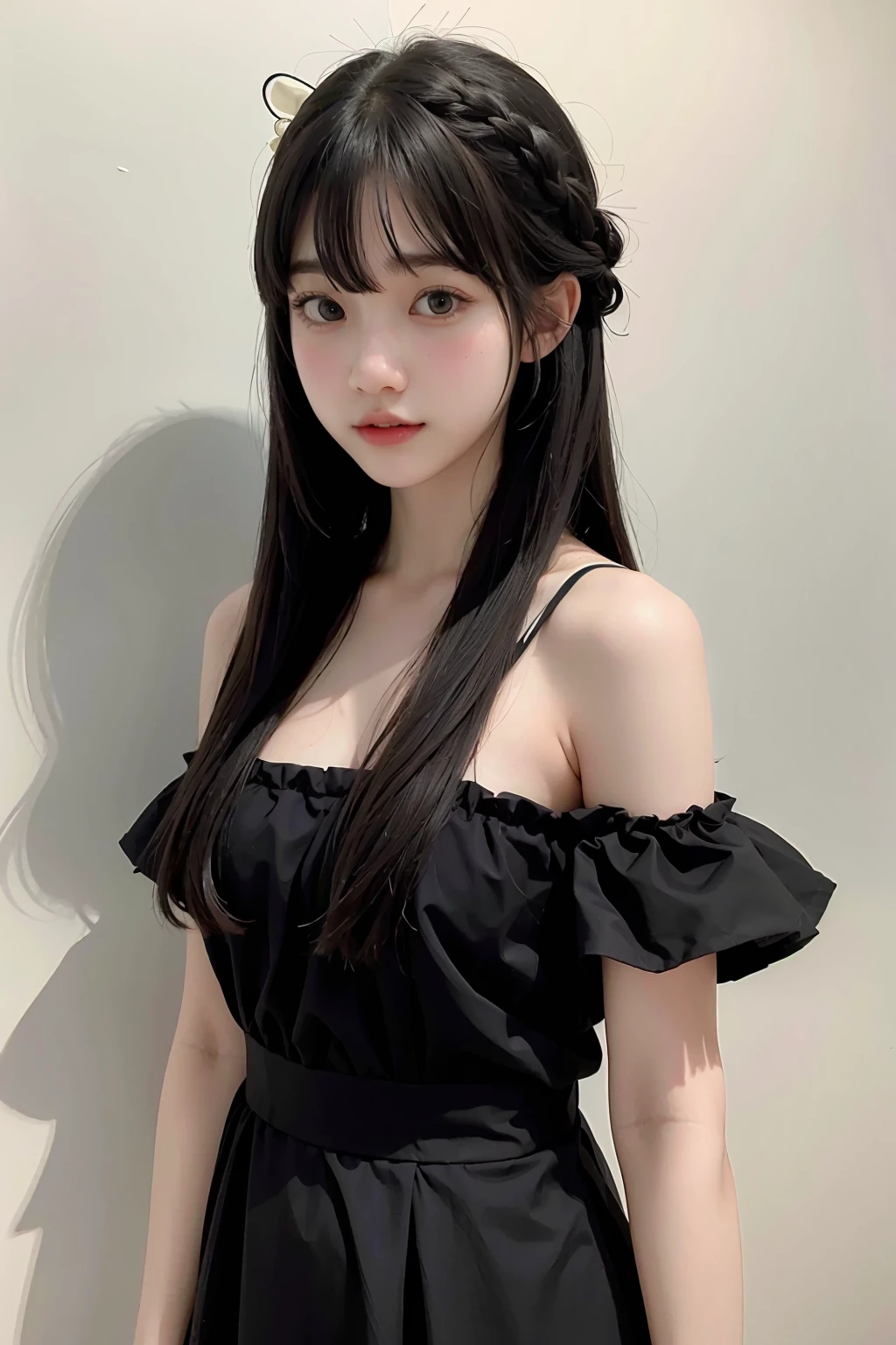 1girl,hair with bangs,black long dress,white background, <lora:tanhjm-02:1>