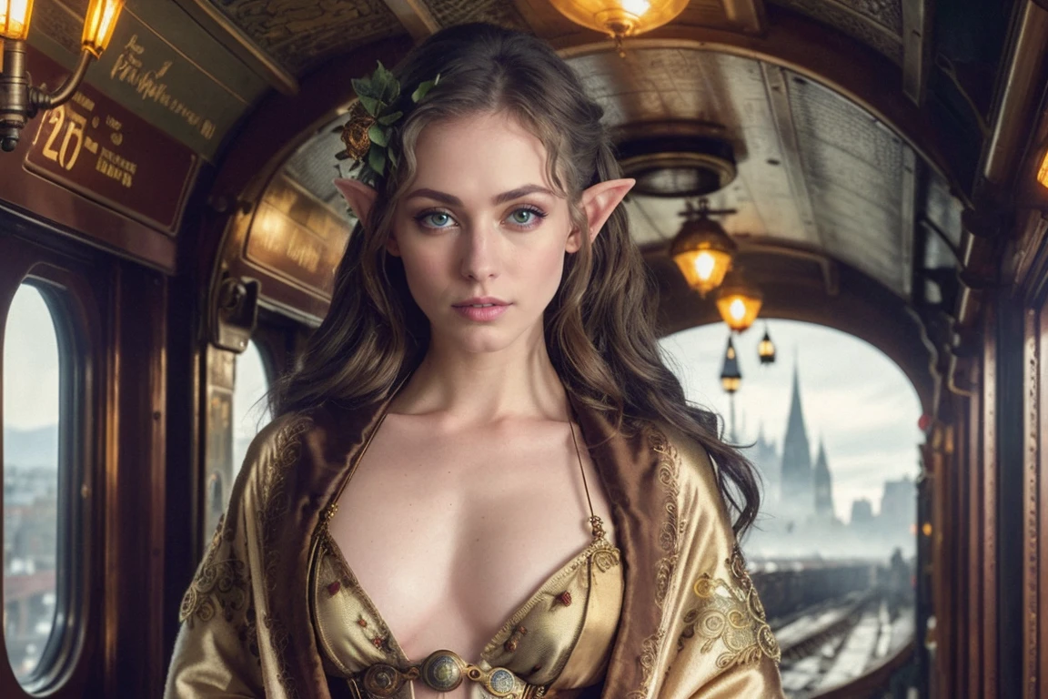 masterpiece, analog style, (35mmstyle:1), Highly detailed RAW photo of (effortlessly beautiful steampunk [elf|woman] mage:1.2), (wearing rustic [robes|armor] with golden embroidery),
flirty expression, standing in Tolkien inspired [Steampunk|Fantasy] (clock work city), (next to opulent train station), vivid details, (perfect face:1.2), looking at the viewer, (front facing), [[makeup]], (highly detailed skin), small breasts, [[goosebumps]], pale skin tone, film-like, fine details, award-winning, BREAK
cinematic lighting, photographed on a Canon EOS 5D Mark IV, 50mm F/1.8 cine lens, sharp focus, HDR, 8k, cinematic film still from [Mortal Engines|Mad Max], medium closeup, eye focus, upper body