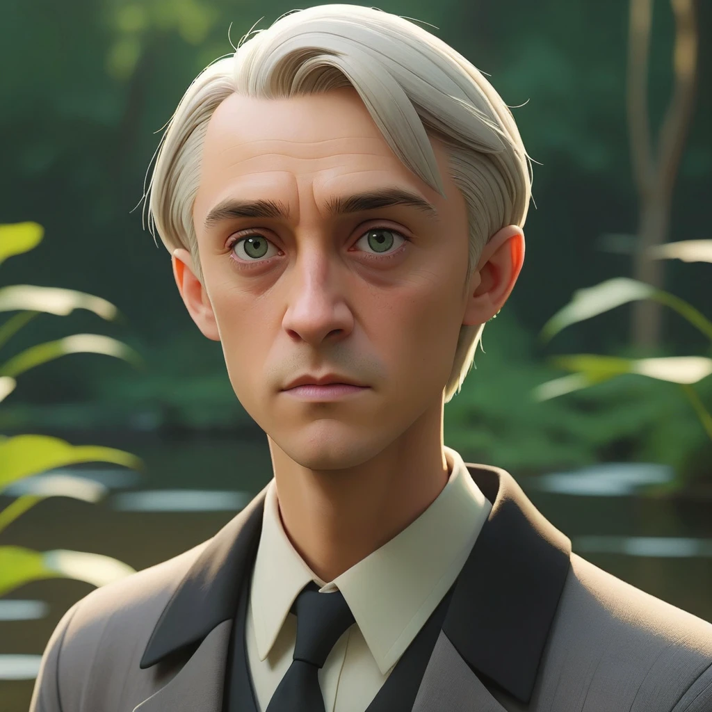 stylized by ilya kuvshinov and Yanjun Cheng, vegetation and pond, Emotionally Charged wabi-sabi (Draco Malfoy:1.2) , Gray hair, detailed, masterpiece, Light, natural lighting, F/5
