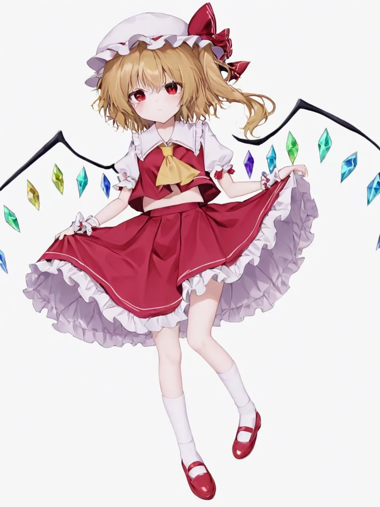 masterpiece, top quality, super detailed, CG illustration, high resolution, better lighting, best shadows, very delicate and beautiful, proper shading, hd, 8k,flandre scarlet, 1girl, solo, looking at viewer, smile, bangs, skirt, blonde hair, simple background, shirt, red eyes, hat, bow, ribbon, closed mouth, underwear, full body, white shirt, short sleeves, frills, wings, shoes, socks, y sleeves, vest, red bow, side ponytail, puffort sleeves, ascot, red skirt, white headwear, one side up, mob cap, hat ribbon, frilled skirt, white socks, frilled sleeves, red footwear, skirt set, mary janes, frilled shirt collar, crystal, bloomers, yellow ascot, red vest, bobby socks, white bloomers