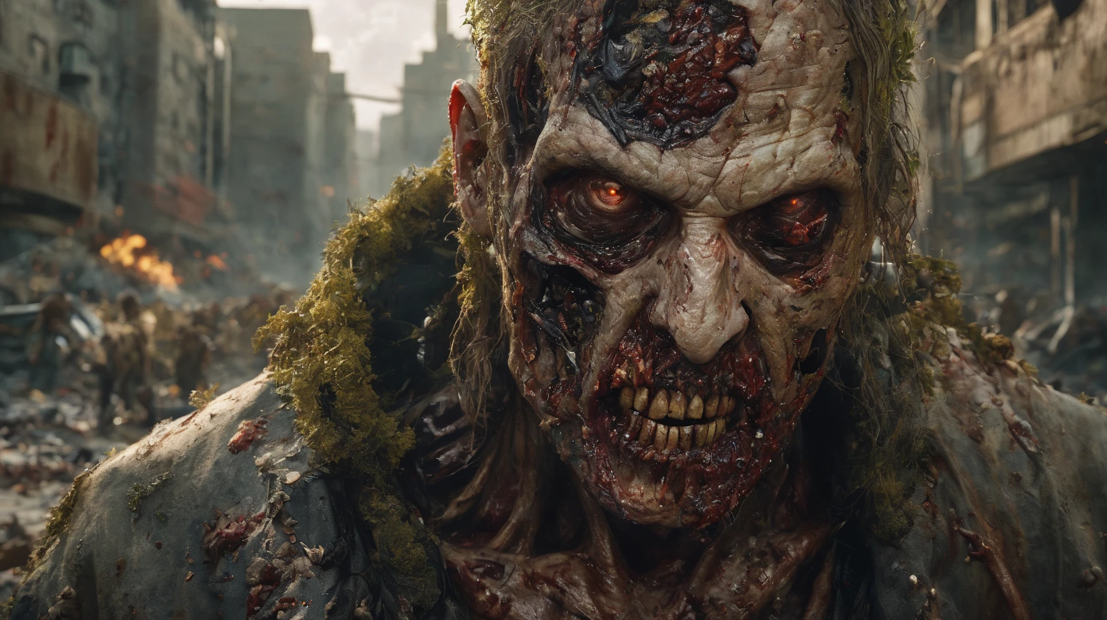 In an award-winning upper body portrait photo, a male zombie emerges, capturing the grim reality of the post-apocalyptic cityscape. The zombie's face is meticulously detailed and rendered with ultra-realism. Pieces of decaying flesh hang off, revealing fragments of his skull, while his white, dead eyes penetrate the viewer's soul. The lighting is carefully crafted to be harsh and cinematic, casting dramatic shadows that accentuate the texture and decay of his skin.
The backdrop portrays a large, old, and decayed city on the brink of collapse. Rust and deterioration are evident, as overgrown plants reclaim the space, symbolizing the desolation of the once-thriving city. The composition is symmetrical, amplifying the sense of hopelessness and despair that permeates the scene.
In the distance, a large group of zombies walks through the overgrown city streets. Each zombie is highly detailed, with intricately rendered hair, eyes, and skin, intensifying the horror of their undead existence. The overall color palette is dark and muted, adding to the somber and macabre ambiance of the post-apocalyptic world.
The artwork is illuminated with cinematic lighting techniques, utilizing ray tracing and volumetric lighting to enhance the realism and atmosphere, The high-resolution image captures every minute detail, including the texture of decaying skin, the pores, and the chilling coldness of the zombie's appearance, nsfw,
The final artwork should be a photorealistic and highly detailed representation, evoking a sense of horror and despair. Techniques such as depth of field and textured skin should be employed to add depth and realism to the image, immersing the viewer in the disturbing nature of the zombie apocalypse., White dead eyes, best quality, ultra-detailed, high res, perfect face, lighting, ray tracing, realistic, depth of field, High detail RAW color, 
bloody, detailed, intricate, rotting zombie, photorealistic, decay skin, overgrown plants, perfect anatomy, Unreal Engine, ultra realistic skin, ultra realistic face, ultra realistic background, ultra realistic Environmental,
lost place, dark, Zombie, disturbing, zombie Apocalypse, realistic, highly detailed, cinematic light, falling apart, realistic, symmetrical, highly detailed, harsh lighting, cinematic lighting, contrast, textured skin, cold skin pores, hasselblad, hard light, gigapixel, 85mm, F/4, Large group of zombies walking in the background, photorealistic, dark, sad, highly detailed hair, highly detailed eyes, highly detailed skin,
intricate details, hdr, hyperdetailed, cinematic, dark shot, muted colors, RTX, full details, High-Quality Artwork, ultra realistic, Wide angle Environmental,
volumetric lighting, highly detailed, horror, sharp focus, extremely detailed, photorealistic, RAW image, 8k high resolution, RAW candid cinema, 16mm, color graded Portra 400 film, ultra realistic, cinematic film still, subsurface scattering, ray tracing, volumetric lighting, guts, badass, blood on the ground, epic, masterpiece, best quality, highres, intricate detail, cinematic lighting, fantasy, intricate, elegant, Highly detailed graphic designs, High-Quality Artwork, ultra realistic, 8k render,
 highly detailed, dark fantasy, horror, cataclysmic, absurdres, best quality, digital art style <lora:greg_rutkowski_xl_2:0.78543>