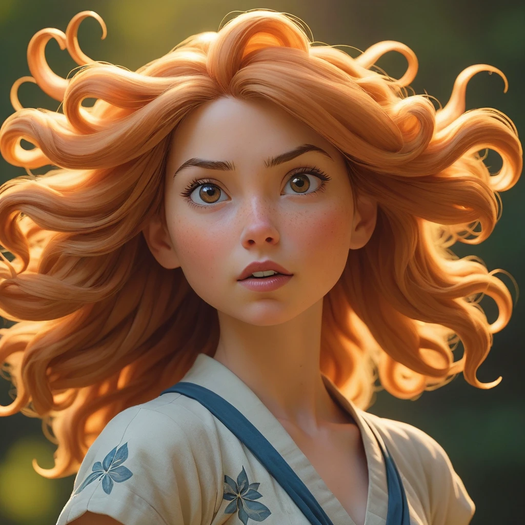 stylized by Kurt Busiek, Ward Kimball, Shibori of a stylized,close up of a (Female Will-o'-the-wisp:1.1) , the Will-o'-the-wisp is Foul, she is in awe, her hair is Caramel, at Golden hour, Wide view, sharp and in focus, Fujicolor Superia X-TRA 400, F/14, masterpiece