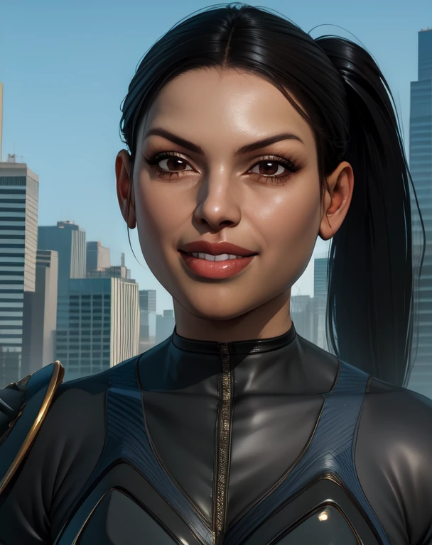 faye,ponytail,lips,black hair,brown eyes,
black body suit,armor,
standing,
looking at viewer,solo,upper body,
city,futuristic,smile,
(insanely detailed, beautiful detailed face, masterpiece, best quality),solo,
<lora:faye-10BDv7:0.8>,