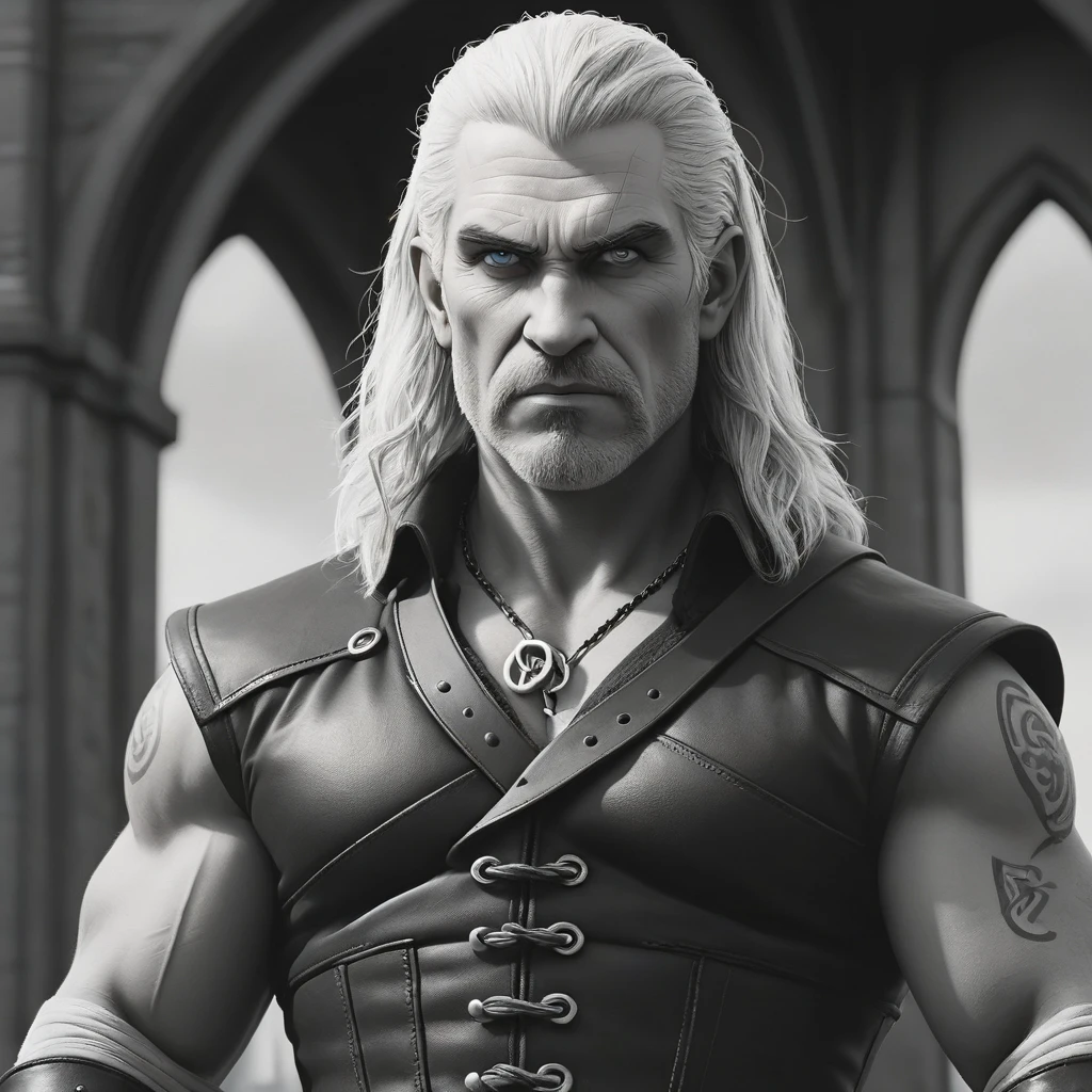 by Artgerm and Tim Burton, portrait, (electric blue theme:0.7) ,close up of a Mean large Celtic Geralt of Rivia, Train conductor, dressed in Acclaimed Corset, at Touching The Tower Bridge, Rusticcore, F/14, Monochrome, poster art