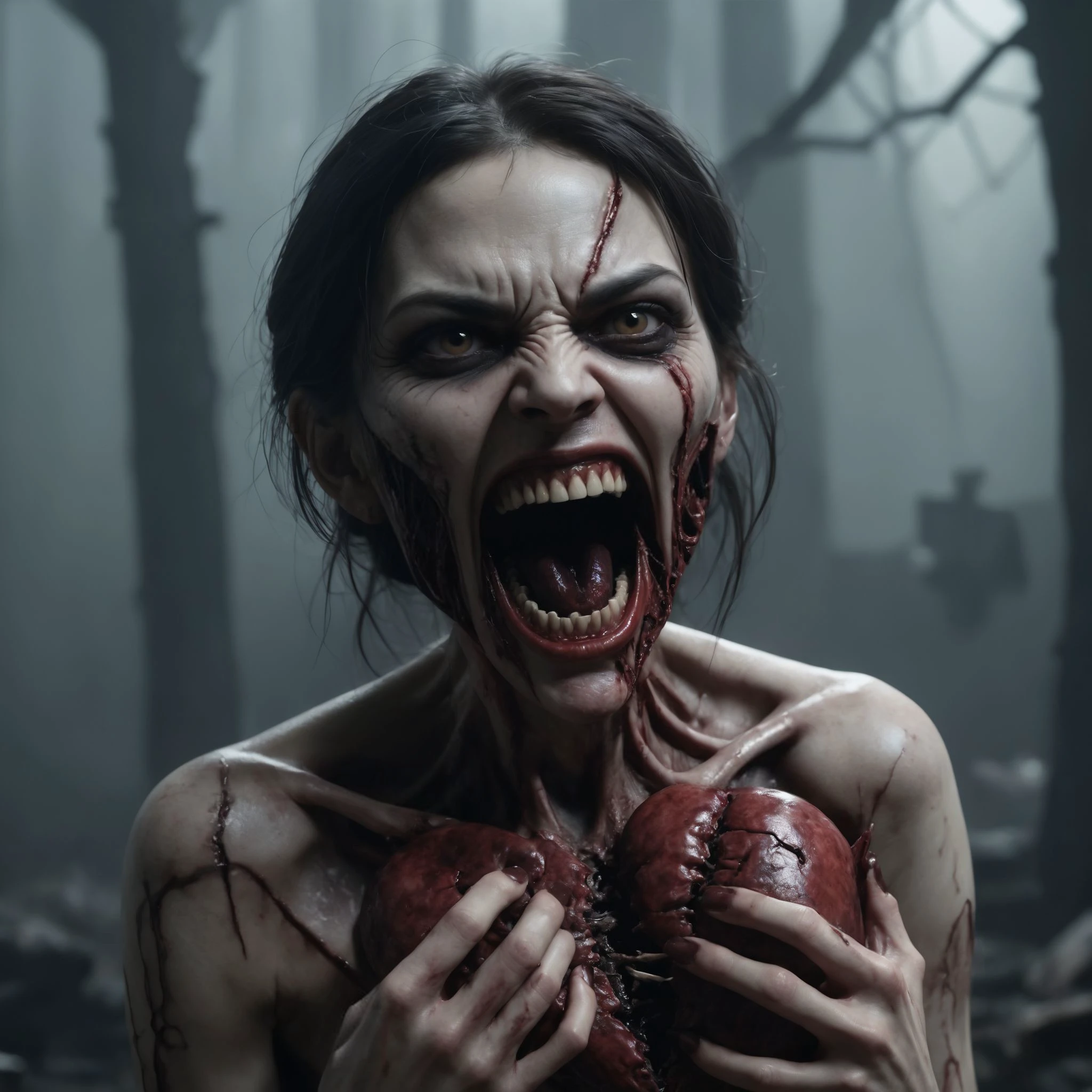 a cute (flesh rotting) woman (fury) holding a (beating heart) and LAUGHING,exhumed,bitter,claws,ripping flesh,laughing,maniacal,teeth:fangs,canines,cracked lips,cracked and torn, epiCPhotoGasm-colorfulPhoto, cinematic photorealistic, 8k uhd natural lighting, raw, rich, intricate details, key visual, atmospheric lighting, 35mm photograph, film, bokeh, professional, 4k, highly detailed