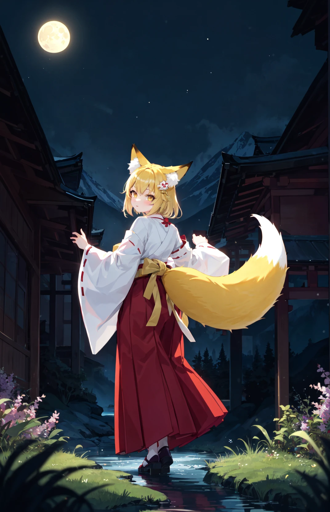 best quality, masterpiece, ultra-detailed,
1girl, animal_ear_fluff, fox girl, fox ears, fox tail, blonde hair, shortcut, yellow eyes, hair ornament, bow, looking at viewer,
miko, red hakama, ribbon trim, long sleeves,
from behind, full body, posing,
ancient japanese temple, mountain, grass, flowers, river, night, dusk, (snowflakes:0.9), moon,