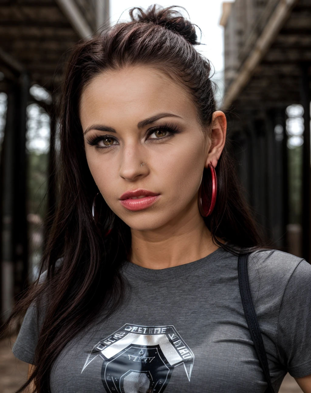 cinematic photo , Close 1/3 portrait, <lora:quiron_SusanaSpears_v1_Lora:0.77> SusanaSpearsQuiron woman wearing crawler earrings and t-shirt, . 35mm photograph, film, bokeh, professional, 4k, highly detailed, skin pores, perfect iris, perfect eyes, serious, portrait, linkedin, grey background,