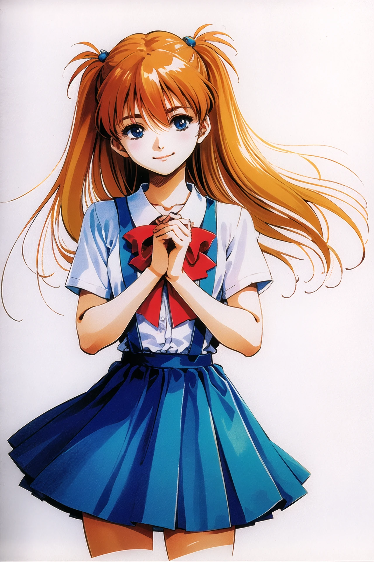 1girl, souryuu asuka langley, solo, long hair, school uniform, blue eyes, smile, white background, ribbon, shirt, simple background, own hands together, orange hair, short sleeves, skirt, red ribbon, neck ribbon, white shirt, bangs, hair between eyes, looking at viewer, tokyo-3 middle school uniform, signature, closed mouth, two side up, hair ornament, suspender skirt, interface headset, suspenders, traditional media, cowboy shot, interlocked fingers, blue skirt, watercolor \(medium\),  <lora:ç¾æ æ¬æ´å½¦V3:1>