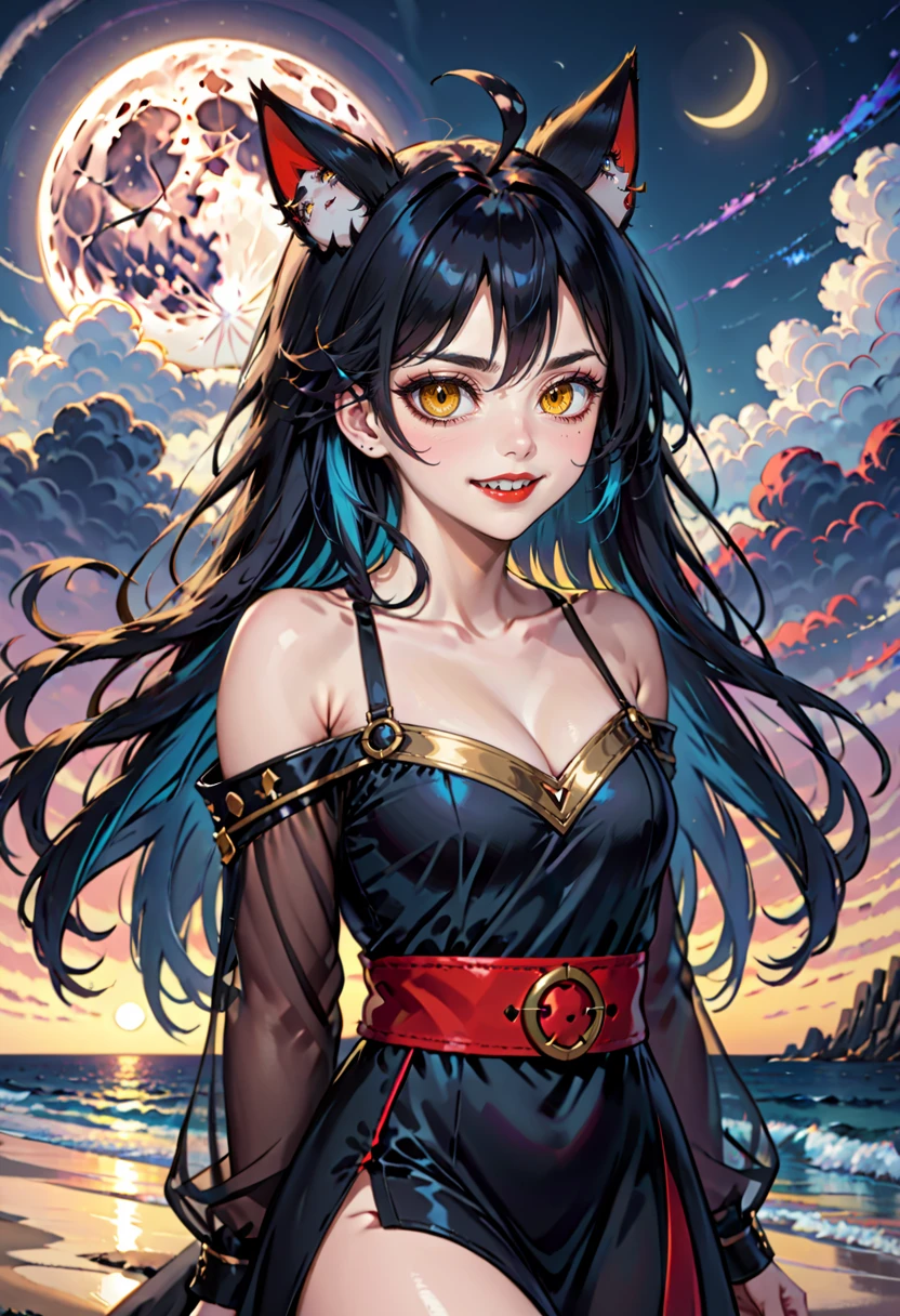 <lora:AgendaMixSDXL:0.8> AgendaMix Style, 1girl, animal ear fluff, animal ears, artist name, belt, belt buckle, black dress, black hair, blue hair, buckle, cloud, cloudy sky, collarbone, crescent moon, dress, fangs, horizon, lips, lipstick, long hair, long sleeves, looking at viewer, makeup, moon, night, ocean, open mouth, outdoors, parted bangs, red hair, red lips, sky, slit pupils, smile, solo, sunset, teeth, upper body, yellow eyes
